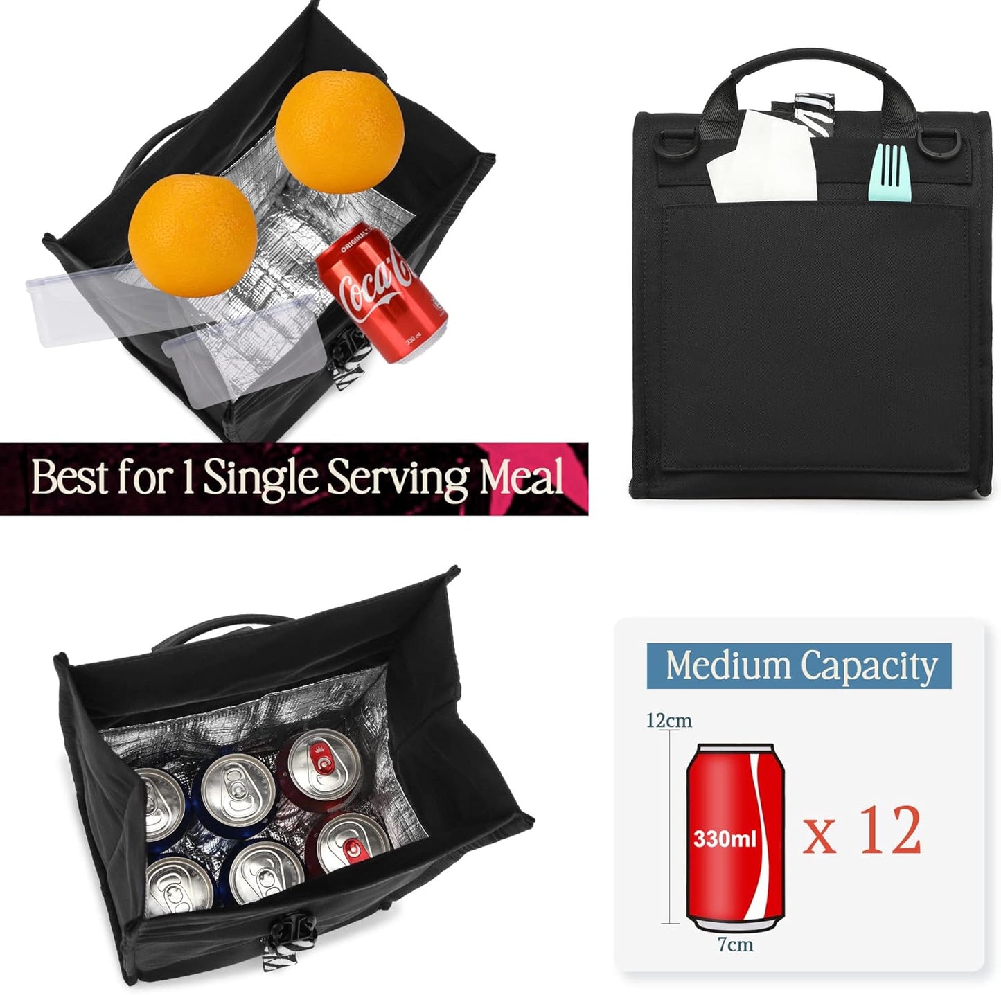 SUNNY BIRD Insulated Lunch Bag Rolltop Lunch Box Tote Bag for Women, Men, Adults and Teens (Black with white strap)