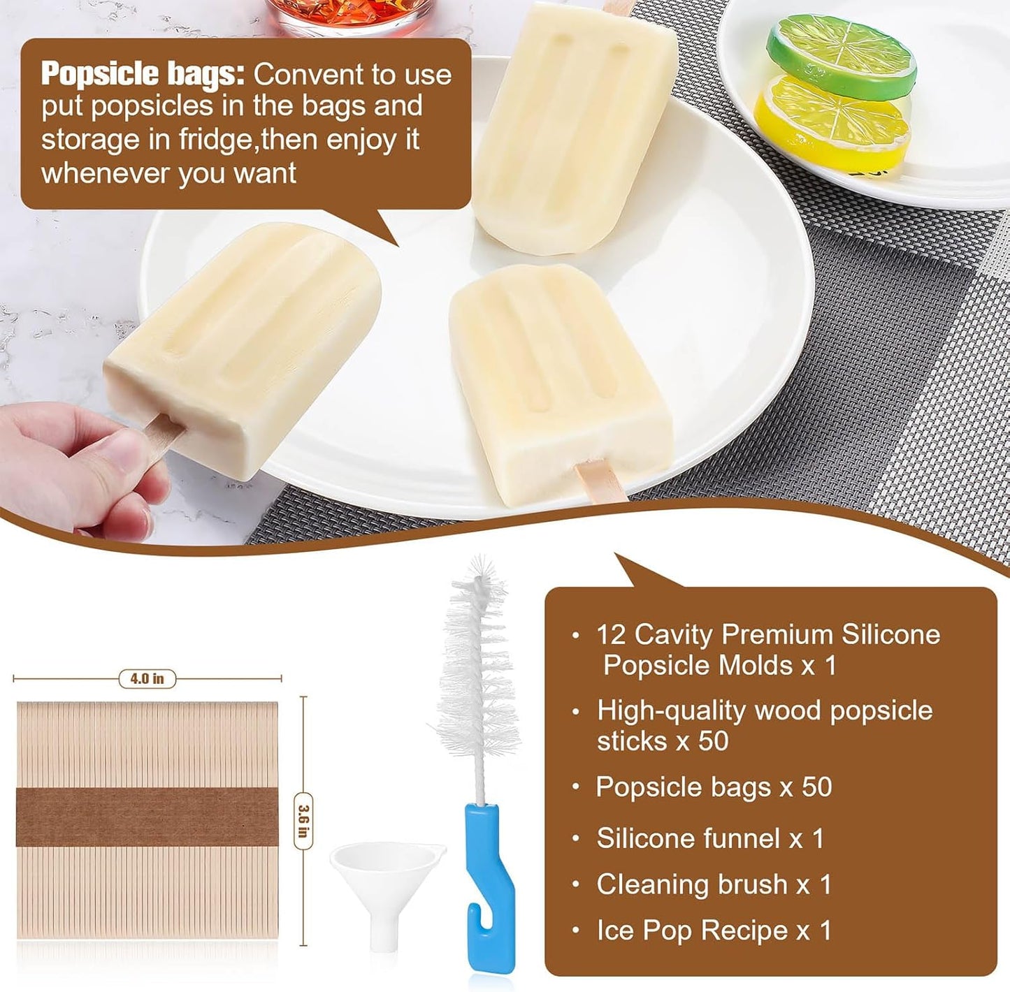 Silicone Popsicles Molds,Ice Pop Cream Mold Set Homemade Toddler Popsicle Maker For Kids Para Paletas De Helado Kulfi BPA Free, with 50 Sticks, 50 Bags,50 wire Ties (Chocolate brown)