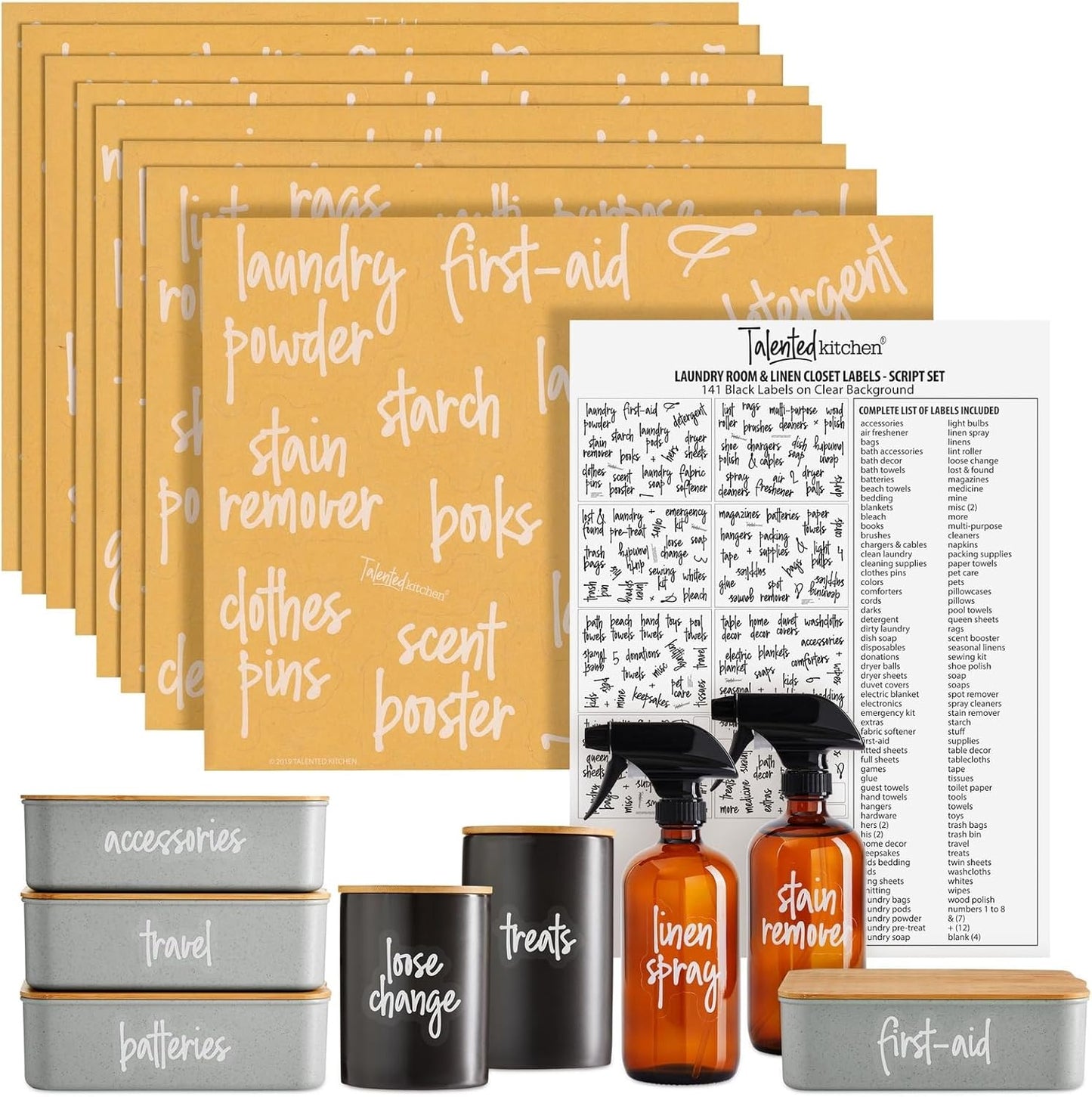 Talented Kitchen 141 Laundry Labels for Jars, Containers - Preprinted White Script Stickers for Linen Closet, Bathroom, Cleaning Supplies Organization, and Laundry Room (Water Resistant)
