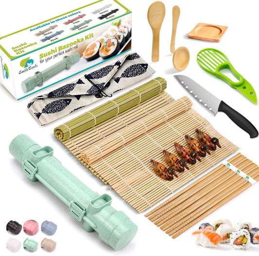 Sushi Making Kit, 22 in 1 Sushi Roller Sushi Maker Kit with Bamboo Sushi Rolling Mats, Bazooka, Chef's Knife, Chopsticks, Sauce Dishes, Rice Spreader, Avocado Slicer, Guide Book