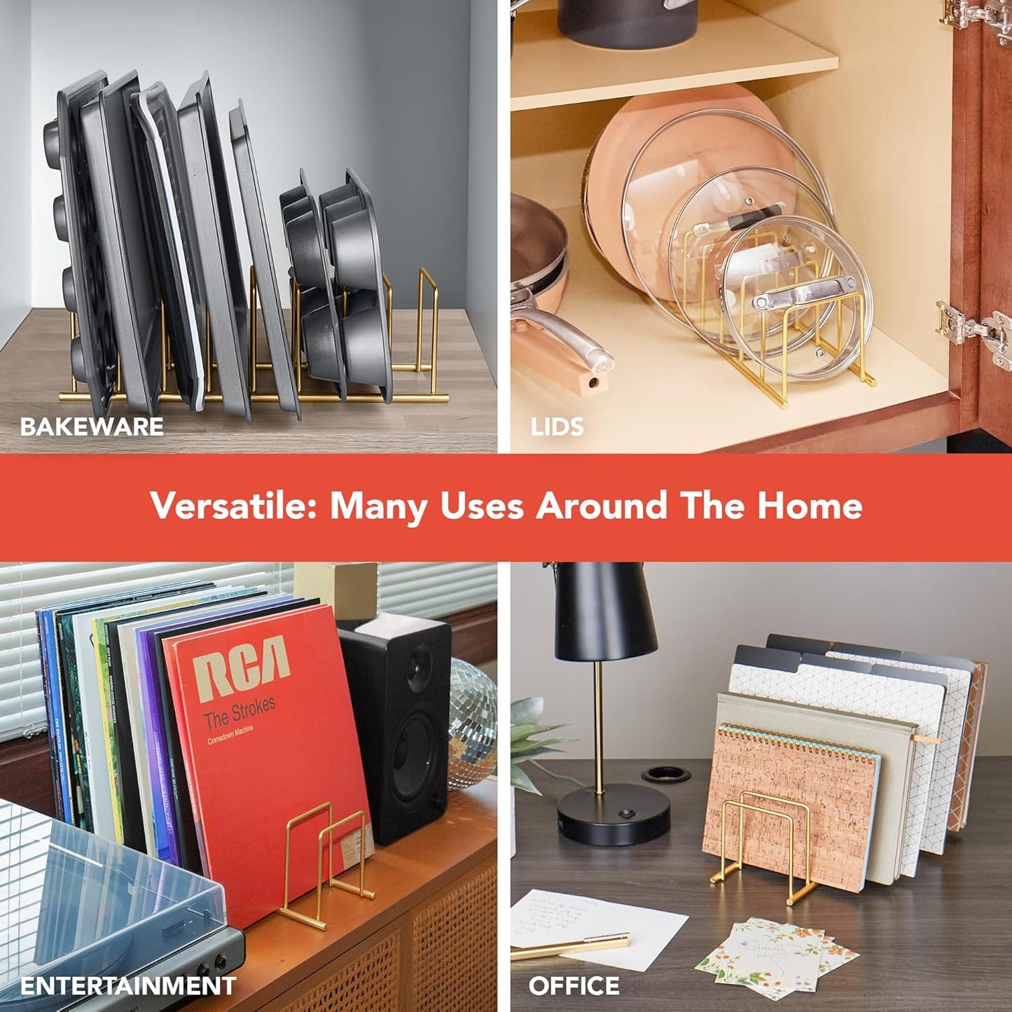 Spectrum Euro Cutting Board Holder Stand for Countertop or Inside Kitchen Cabinet Organization Satin Nickel, 8 Slot Cutting Board Drying Rack or Cabinet Plate Bakeware Storage Organizer