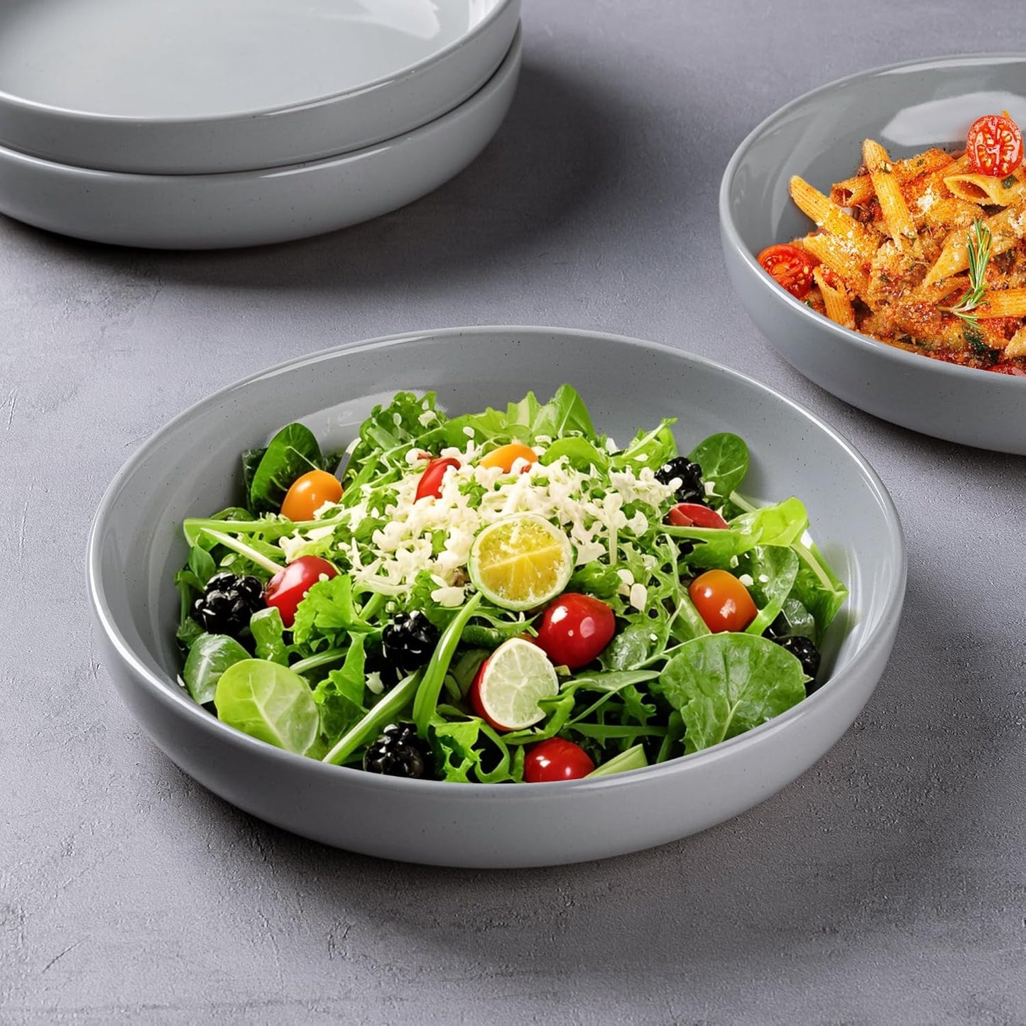 AmorArc 8.75'' Large Ceramic Pasta Bowls, 36oz Handpainted Stoneware Bowls Set of 4, Microwave&Dishwasher Safe Bowls with Wavy Rim&Rustic Terracotta Underside for Pasta Salad, Gray