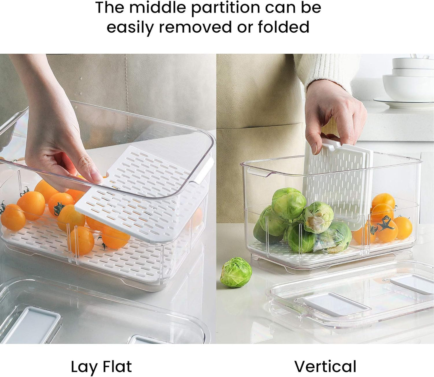 vacane Produce Saver with Folding Lids,2 Piece Fruit Vegetable Storage Container with Vents Stackable Fridge Drawers Organizer Salad Lettuce Keeper For Refrigerator,Bpa-free Fresh Keeper,5.7L&2.8L