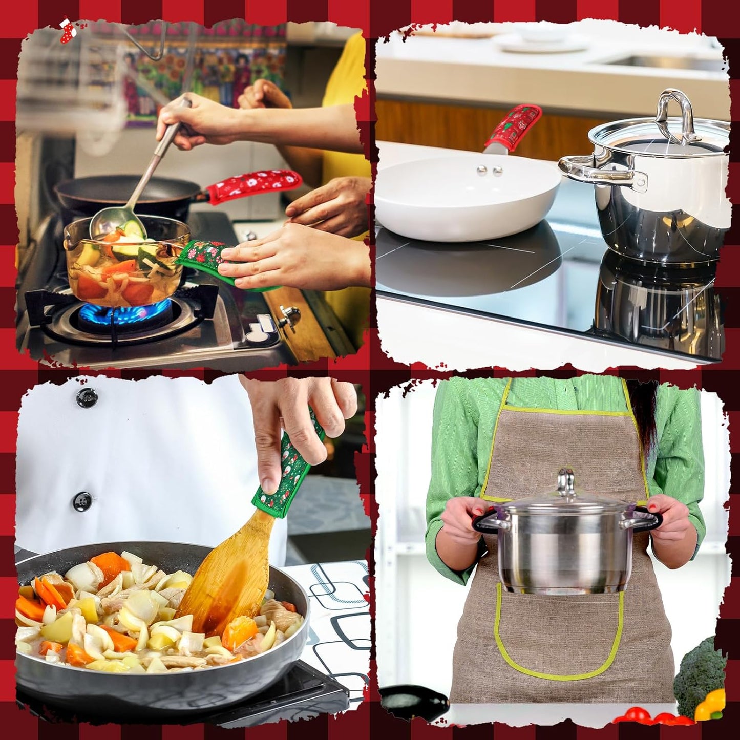 Patelai 8 Pack Christmas Cast Iron Skillet Handle Covers Red Green Hot Pot Handle Holder Cover Heat Resistant Non Slip Cast Iron Skillet Potholders Sleeves Protector for Kitchen Cooking Baking BBQ
