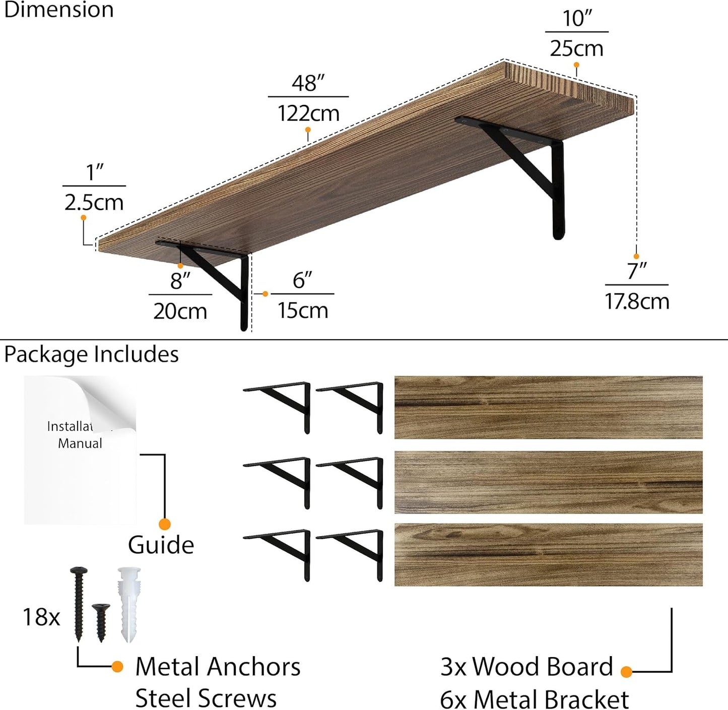 Wallniture Forme 48 inch Long x 10 in Deep Rustic Floating Shelves for Wall Storage, Wall Bookshelf for Living Room Decor, Kitchen, Office Floating Shelf, Set of 3, Burnt, Wood