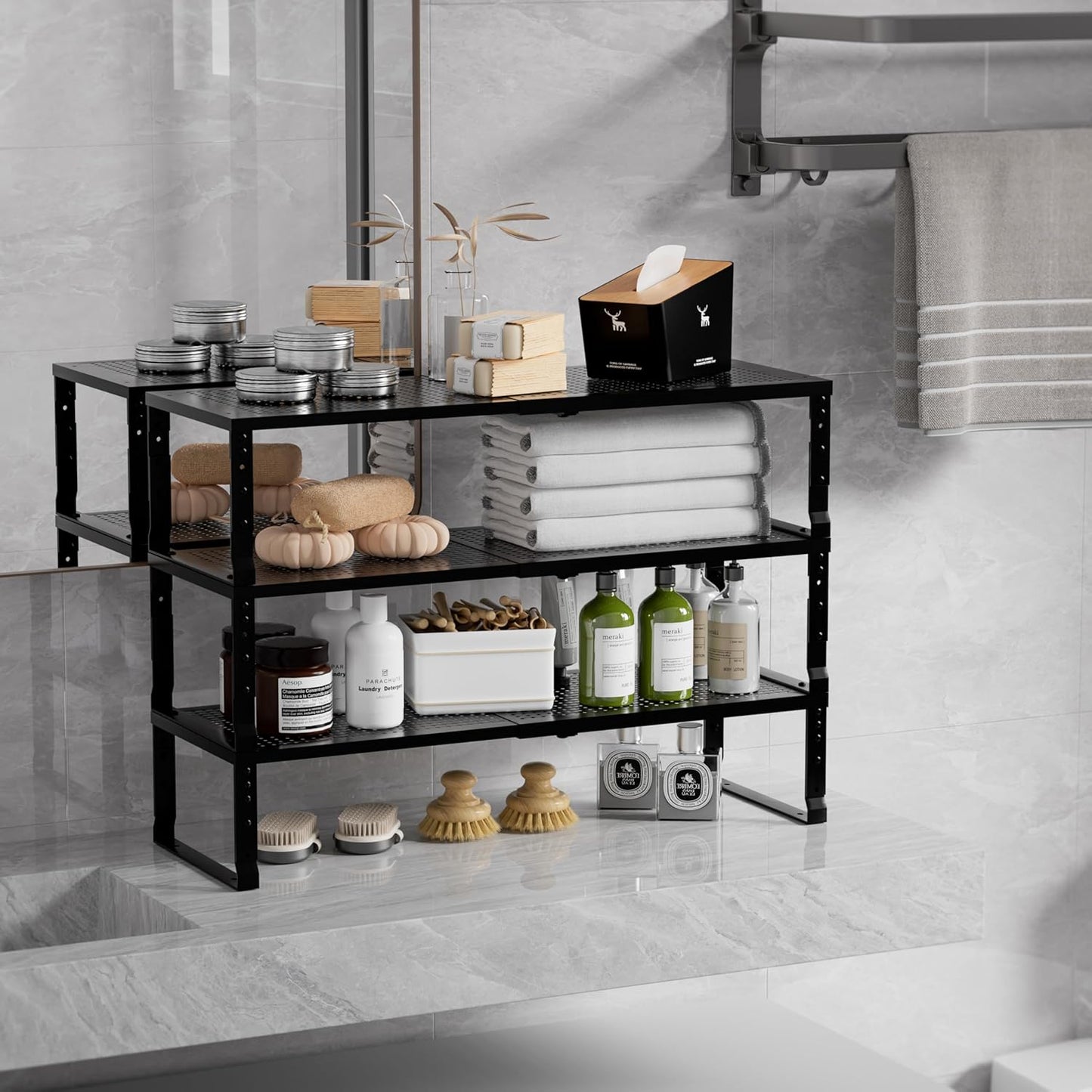 Expandable Spice Rack & Kitchen Cabinet Organizer - Stackable, Adjustable Shelves for Cabinets, Countertops, Cupboards & Pantries(1 Pack/Medium/Black)