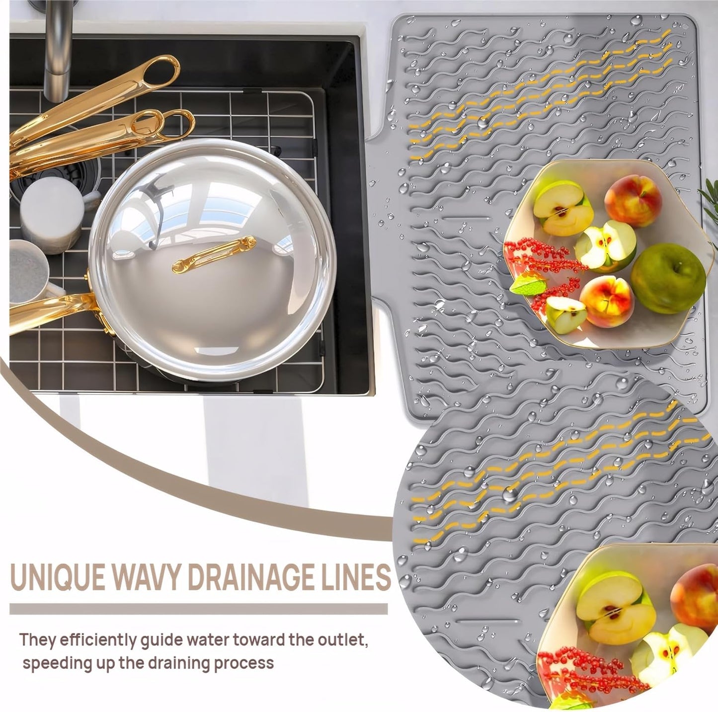 Silicone Dish Drying Mat for kitchen Countertop, Heat Resistant Mats, Dish Drainers for Kitchen counter, Hot Pot Holders, Dish Drying Rack with Built in Drain,(Gray, 15.6"x13")