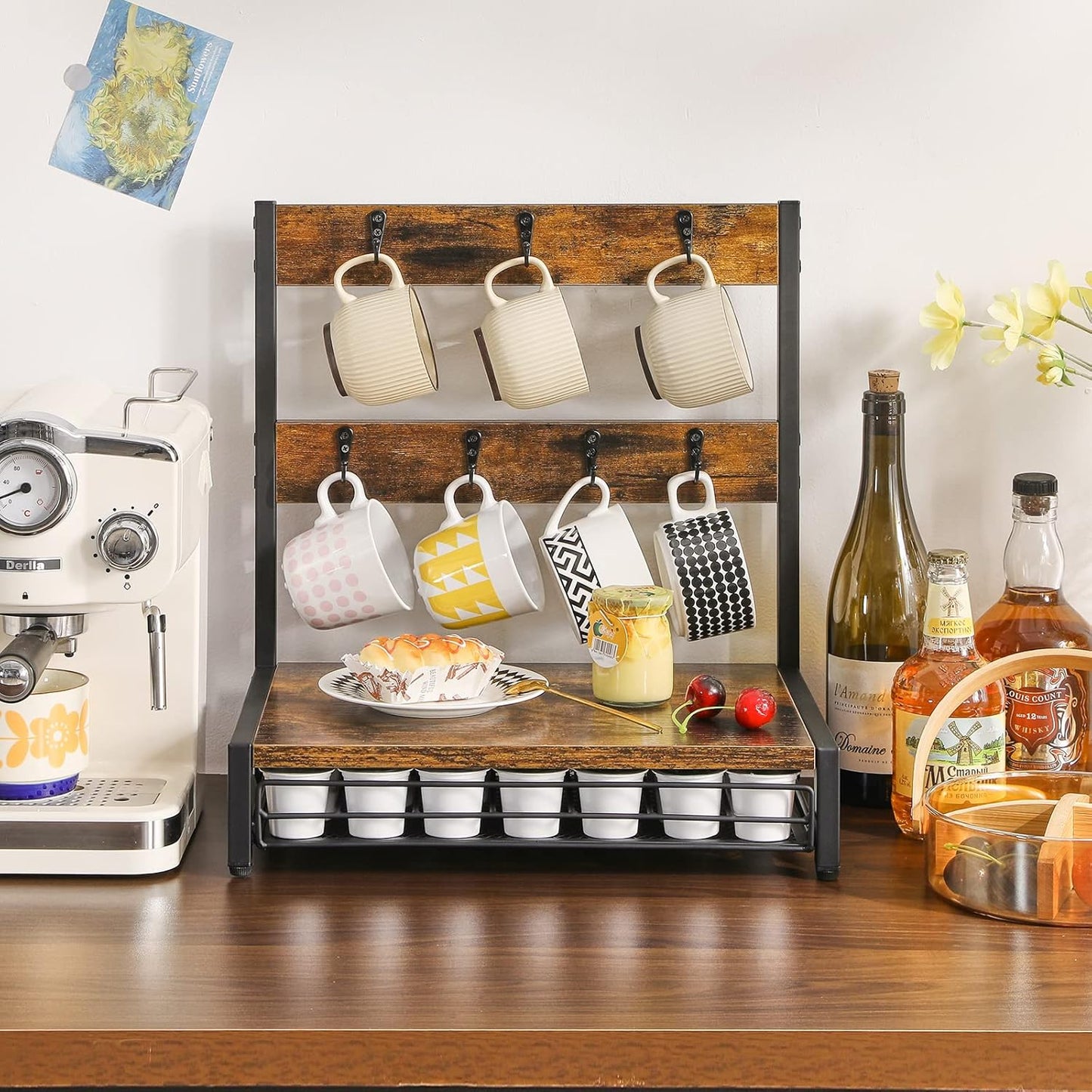 IBUYKE Coffee Pod Drawer, Rustic Coffee Mug Holder for Countertop, 8 Hooks and 35 Capsules Capacity, Coffee Station Organizer with Mug Hooks, Wood Mug Tree Holder for Kitchen Coffee Bar,TCJ003H