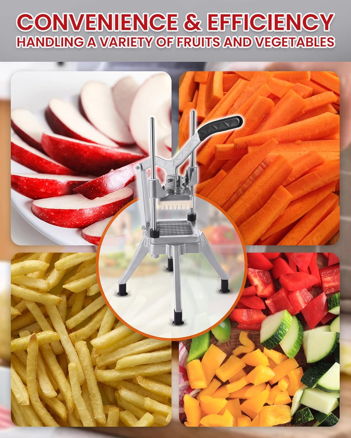 French Fry Cutter Commercial Potato Chopper Stainless Steel Vegetable Dicer Fruit Slicer for Onion,Cabbage,Carrots,Potato,Mushroom,with 4 Blades(1/4",3/8",1/2",8 wedge slice)