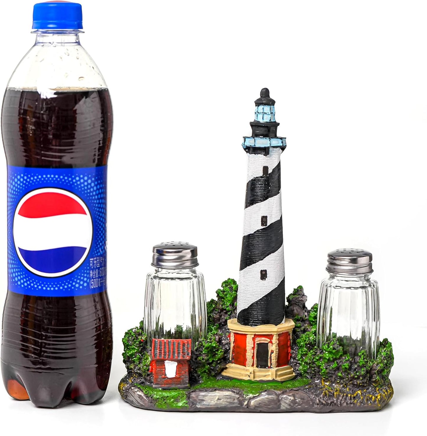 Vintage Farmhouse Salt And Pepper Shakers Set - Salt And Pepper Dispenser with Resin Lighthouse Figurine And Statues Holder - Perfect Kitchen DéCor with Glass Spice Jars