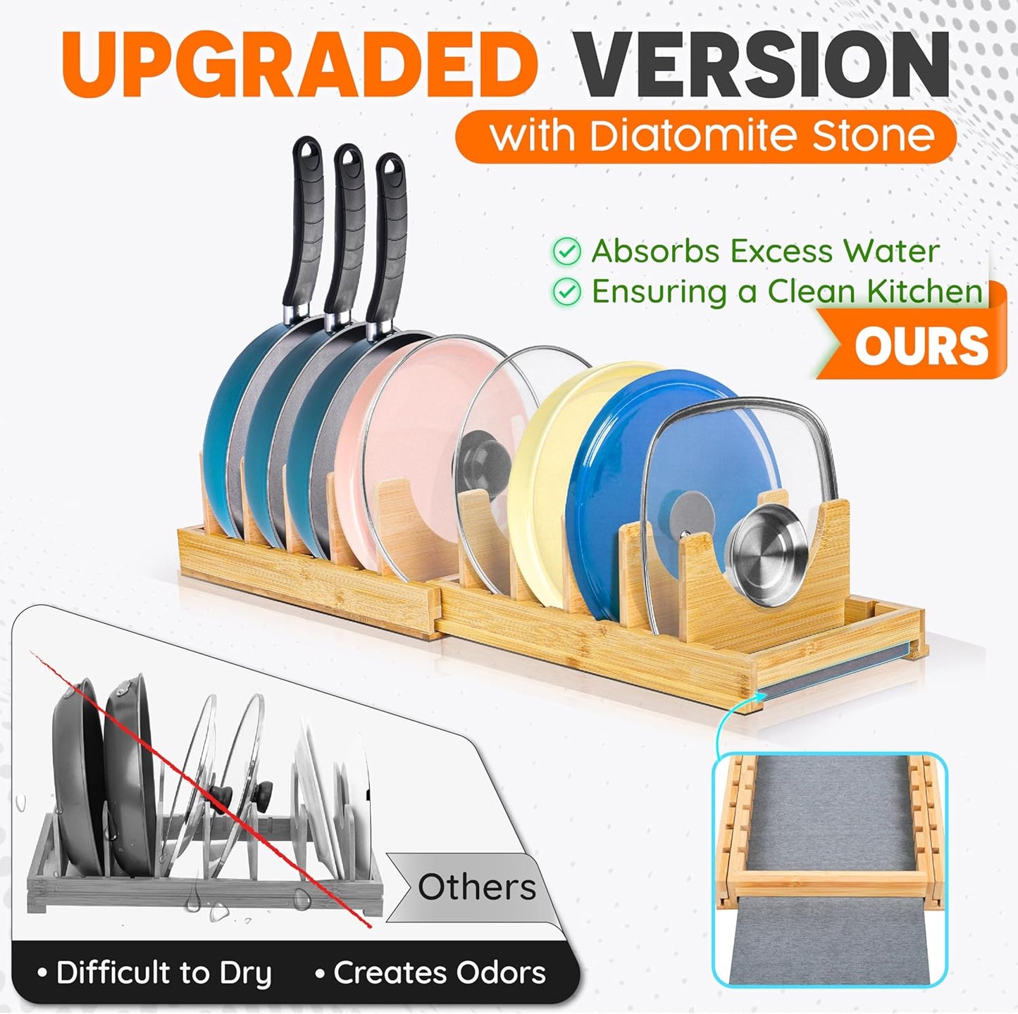 [Adjustable] Bamboo Pots and Pans Organizer under Cabinet, Expandable Bakeware & Cutting Board Organizers with Diatomaceous Earth Base & 10 PCS Adjustable Dividers, Tray Organizer for Kitchen Storage