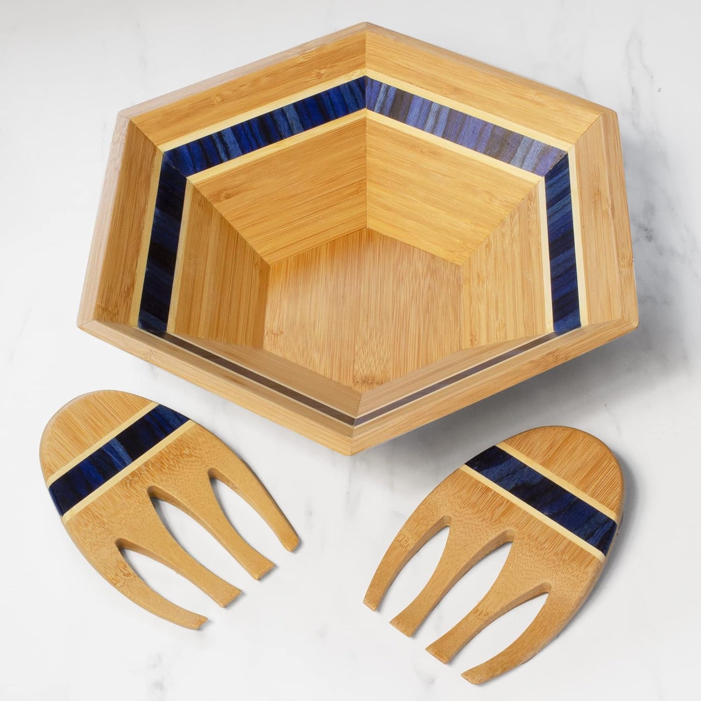 Totally Bamboo Baltique Malta Collection 14" Salad Serving Bowl with Salad Hands, Bamboo and Colored Birch Wood