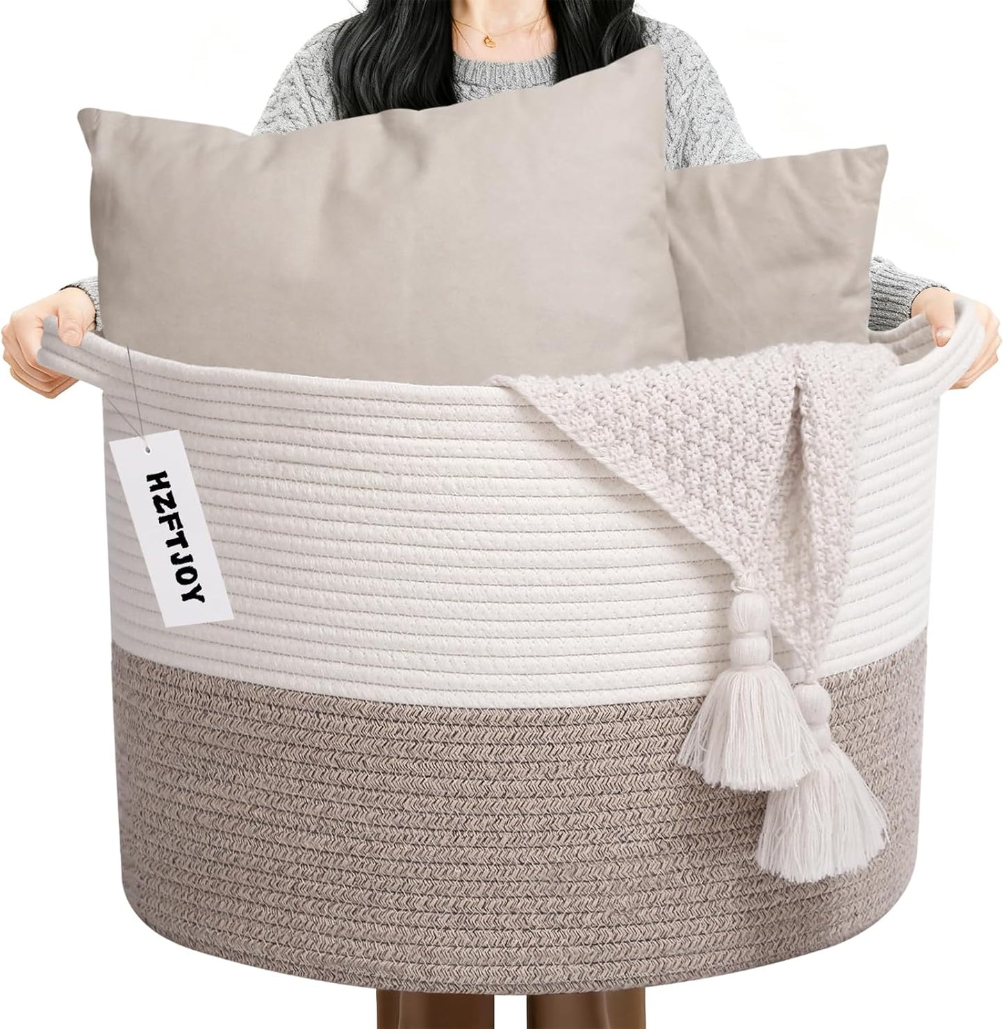 Large Blanket Basket for Organizing,115L Closet Organizers and Storage Bins Box for Shelves Woven Rope Storage Baskets,Living Room,Bedroom,Dorm,Laundry room (White&Brown)