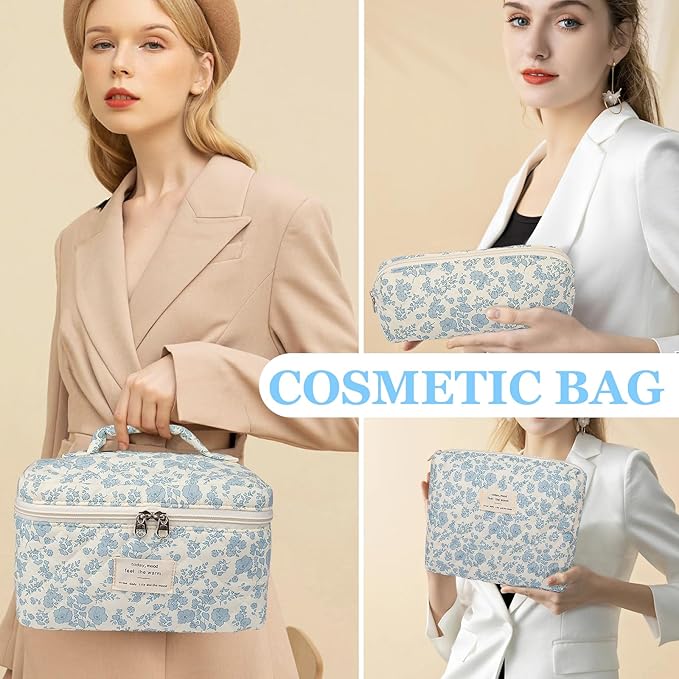 Makeup Bag Set, Quilted Makeup Bag, Large Floral Cosmetic Bag for Women, Cute Cotton Makeup Bag, Flower Travel Toiletry Organizer Bag(Color-Coded Floral)