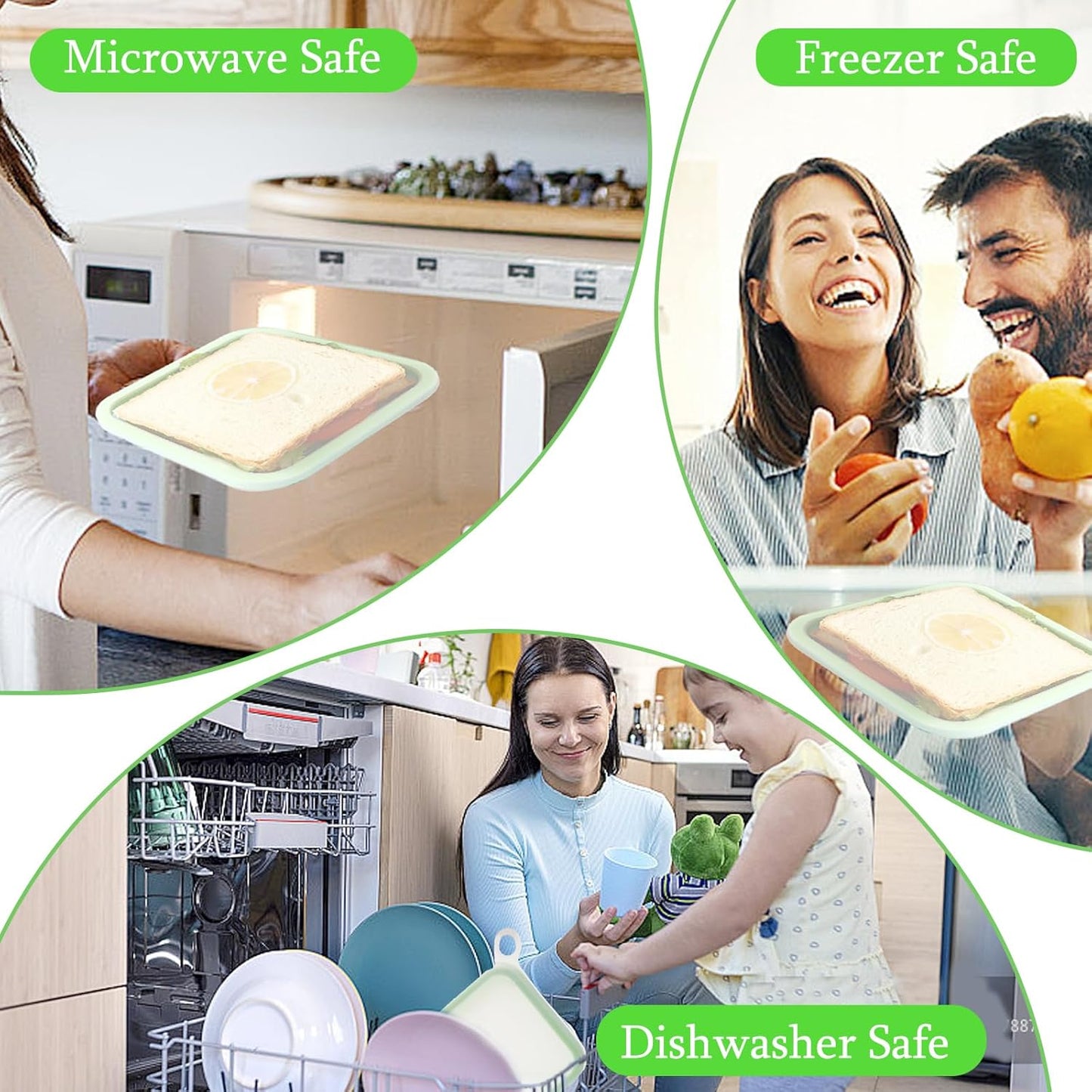 3 Pcs Sandwich Containers, Silicone Sandwich Storage for Lunch Boxes, BPA Free, Leakproof, Reusable Sandwich Holder for Fruit,Salad,Snacks and Food Storage, Microwave Freezer & Dishwasher Safe (Green)