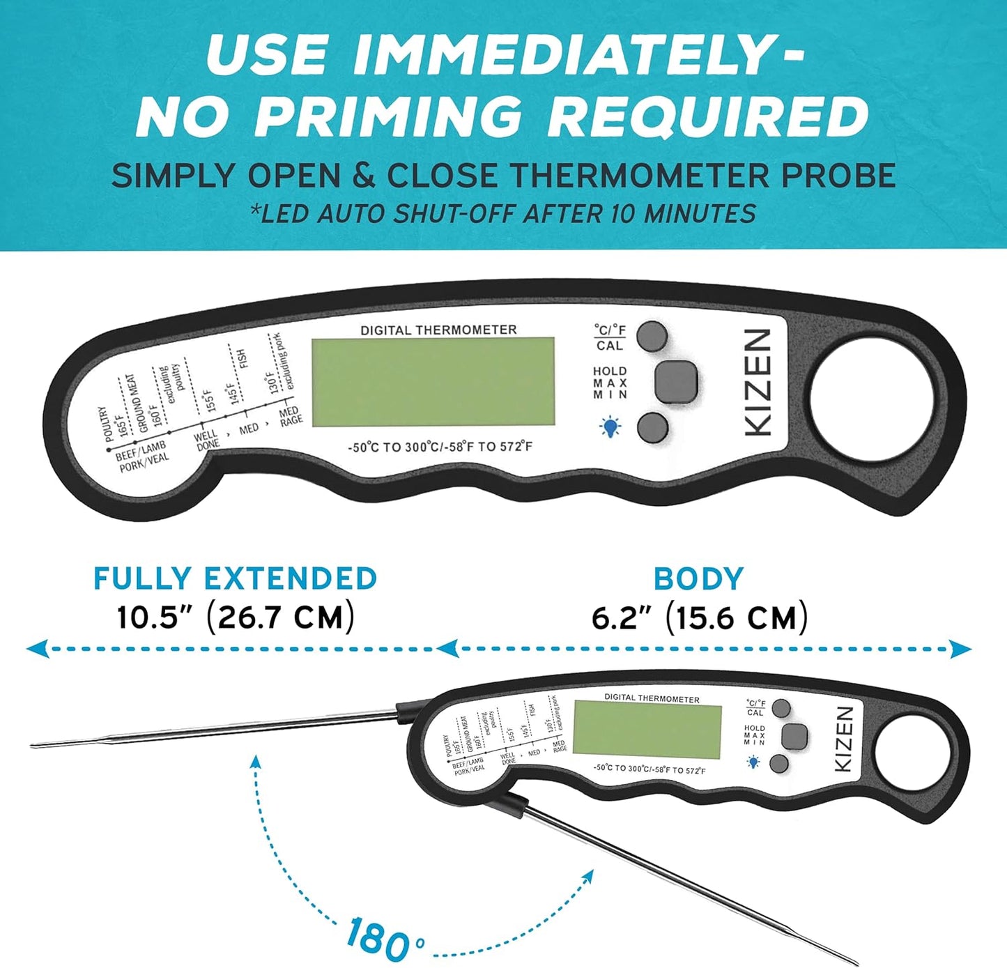 Kizen Instant Read Meat Thermometer Digital - Food Thermometer for Cooking, Grill, Oven, BBQ - Waterproof and Backlit Display - Kitchen Gadgets