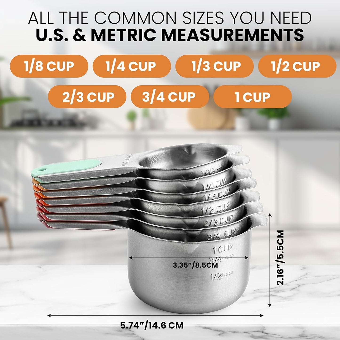 Spring Chef Magnetic Stainless Steel Measuring Cups, Patented, Kitchen Tools with Easy to Read Markings for Measuring Dry or Liquid Ingredients, Set of 7, Desert Sunset