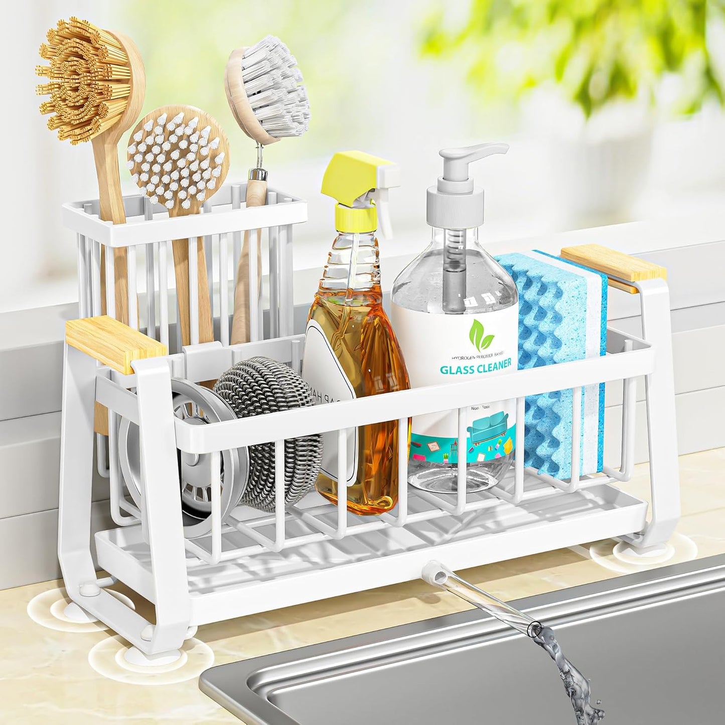 Doasuwish Kitchen Sink Caddy with High Brush Holder,Self-Draining kitchen Countertop Organizer,Rustproof 304 Stainless Steel,Non-Slip Stability High Storage Sponge Holder for Kitchen Sink White