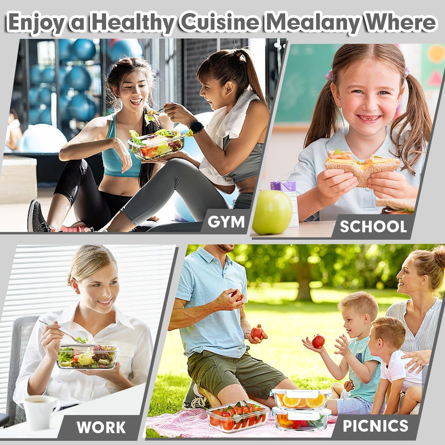 VERONES 5 Pack 36 OZ Glass Meal Prep Containers, Airtight Glass Lunch Containers Set, Food Storage Containers with Lids,Exclusive of BPA, for Microwave, Oven, Freezer & Dishwasher Friendly,White