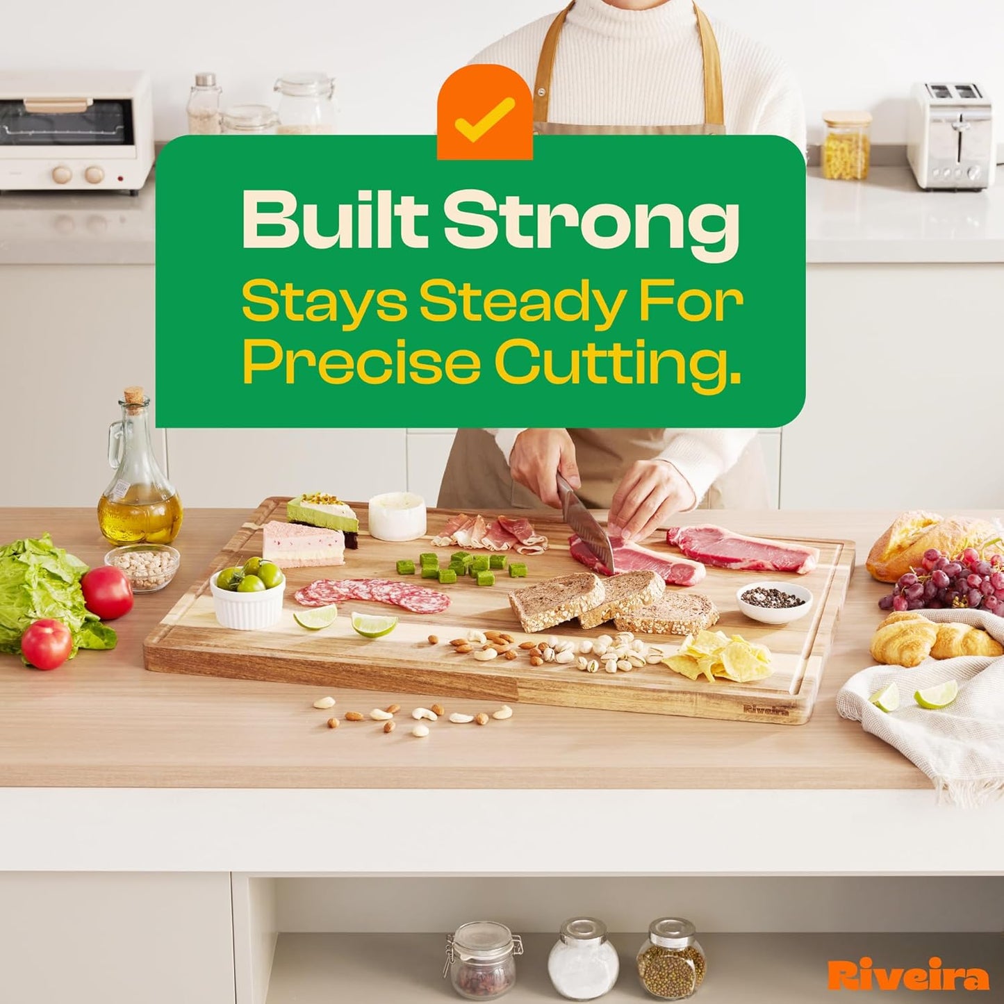 Riveira Acacia Wood Cutting Board – Gourmet Acacia Grandeur: 20 x 30 Wooden Cutting Board – Natural Wooden Cutting Boards For Kitchen Decorative – Innovative Juice Grooves Acacia Wooden Chopping Board