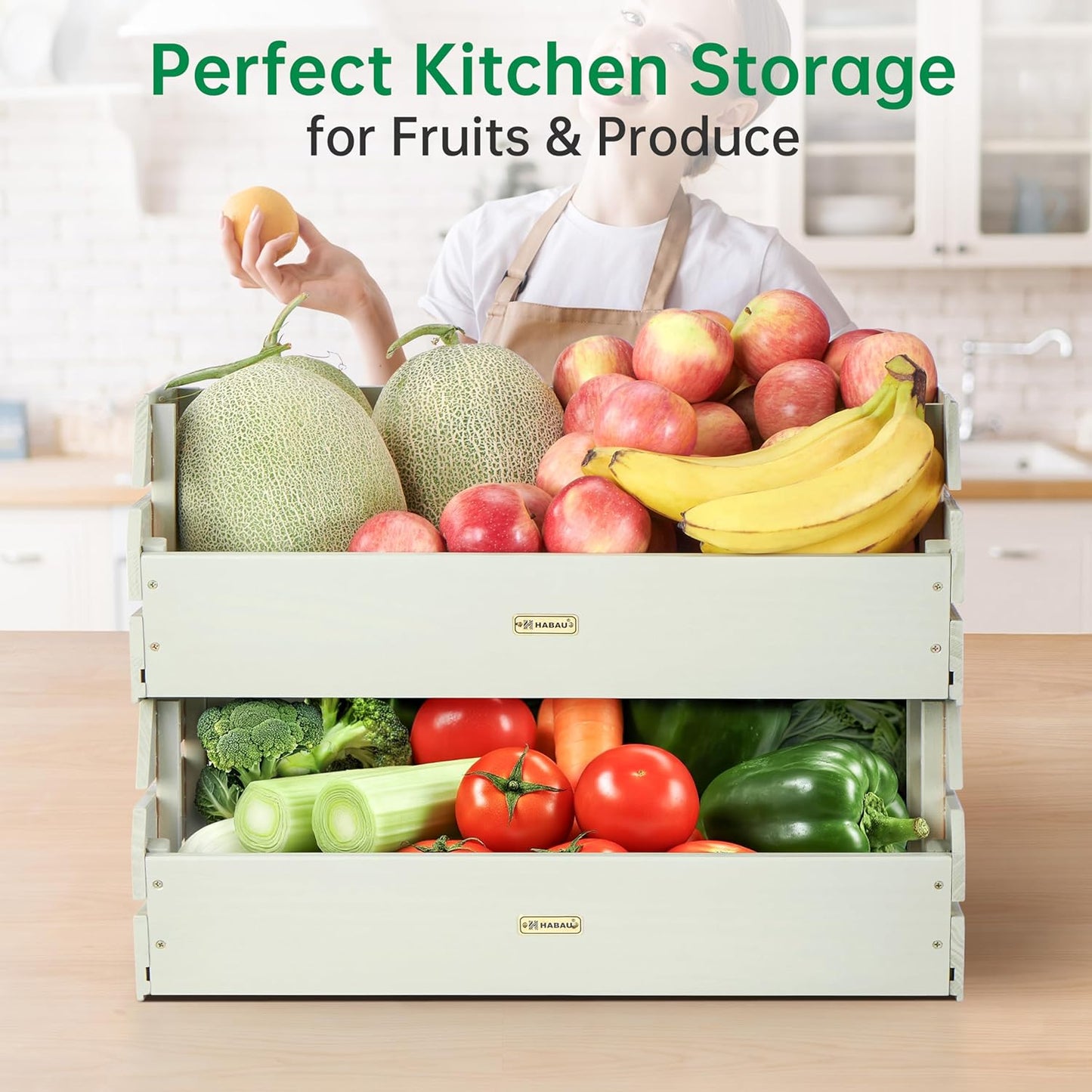 HABAU Wood Potato Onion Storage Bins - Wooden Stackable Produce Basket - Fruit Vegetable Storage for Kitchen Pantry Organization, Set 2 Pieces