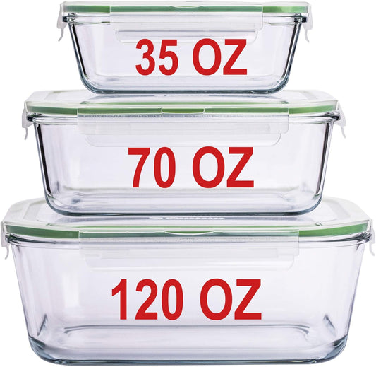 X-LARGE Glass Food Storage Containers with Lids Baking Dish Set Glass Storage Containers with Locking Lid Set 3-120 oz/70 oz/35 oz - Large Meal Prep Storing Serving Food Leakproof Ovensafe
