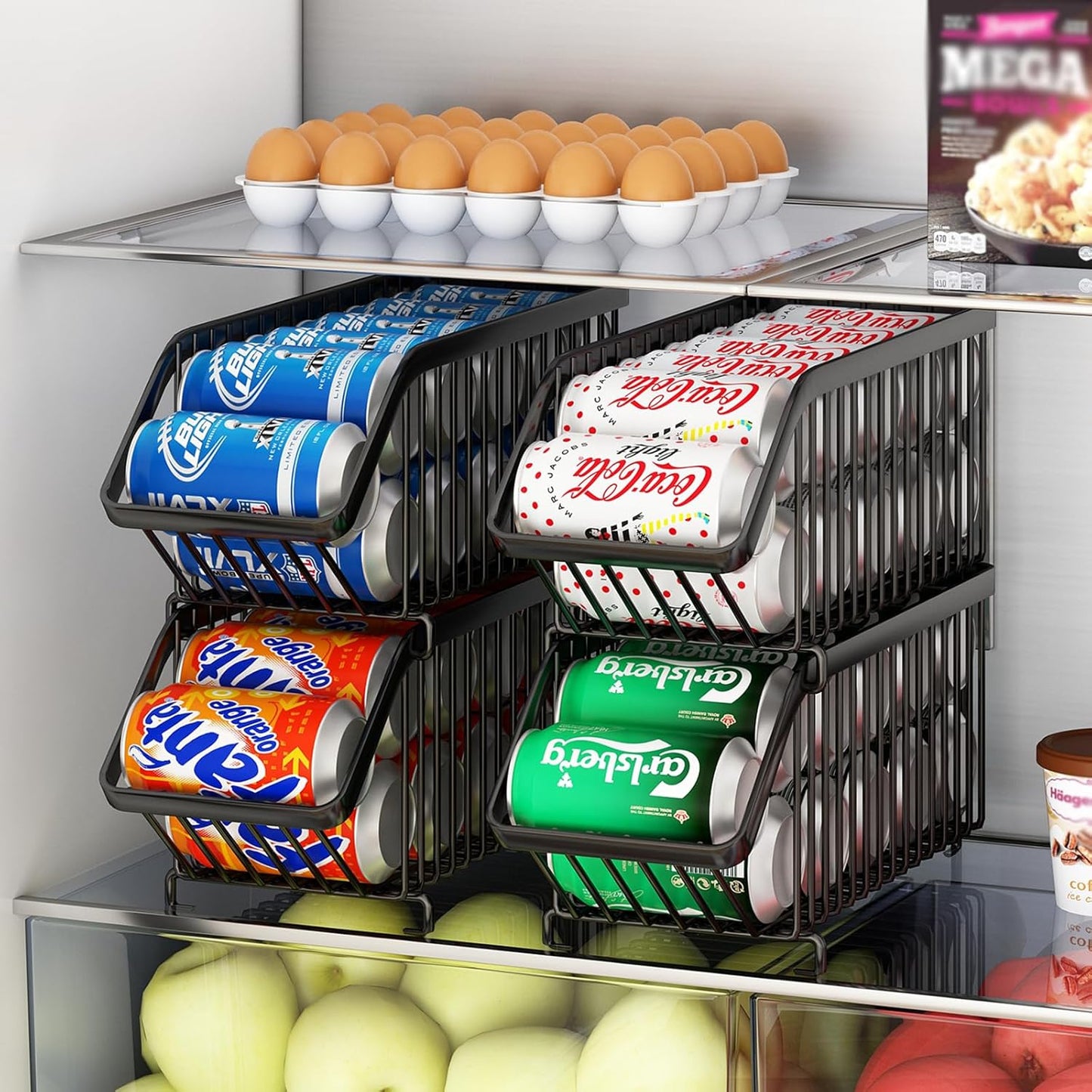 GILLAS 4 Pack Stackable Soda Can Organizer for Refrigerator, Can Holder Dispenser, Canned Food Storage Rack for Fridge, Kitchen, Countertops, Cabinets, Black