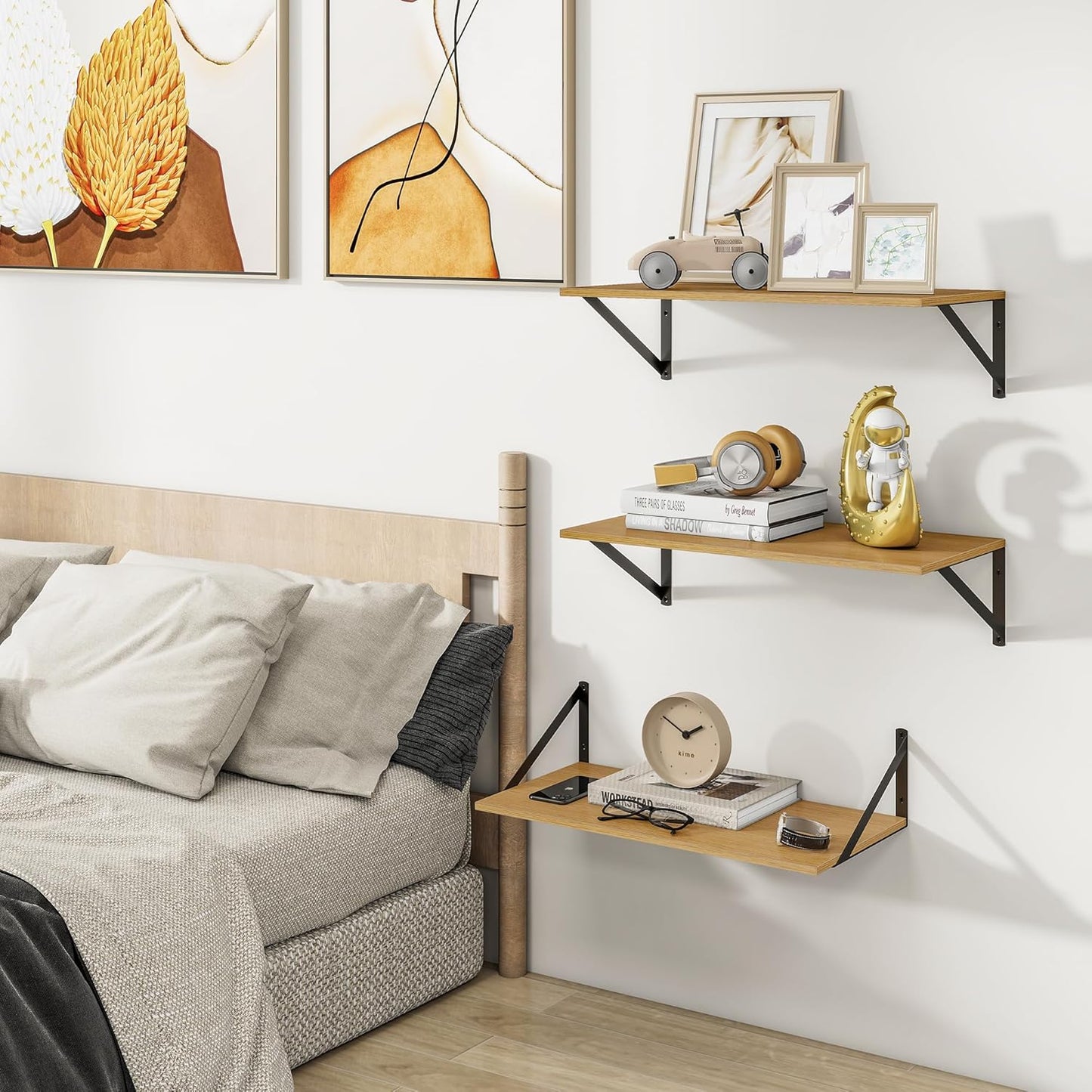 Heimlove 24" W x 12" D Wall Shelves for Books, 12 Inch Deep Floating Shelves Set of 3, Wide Floating Bookshelf with Metal Bracket for Living Room, Kitchen, Office, Bedroom and Decor Storage - Oak