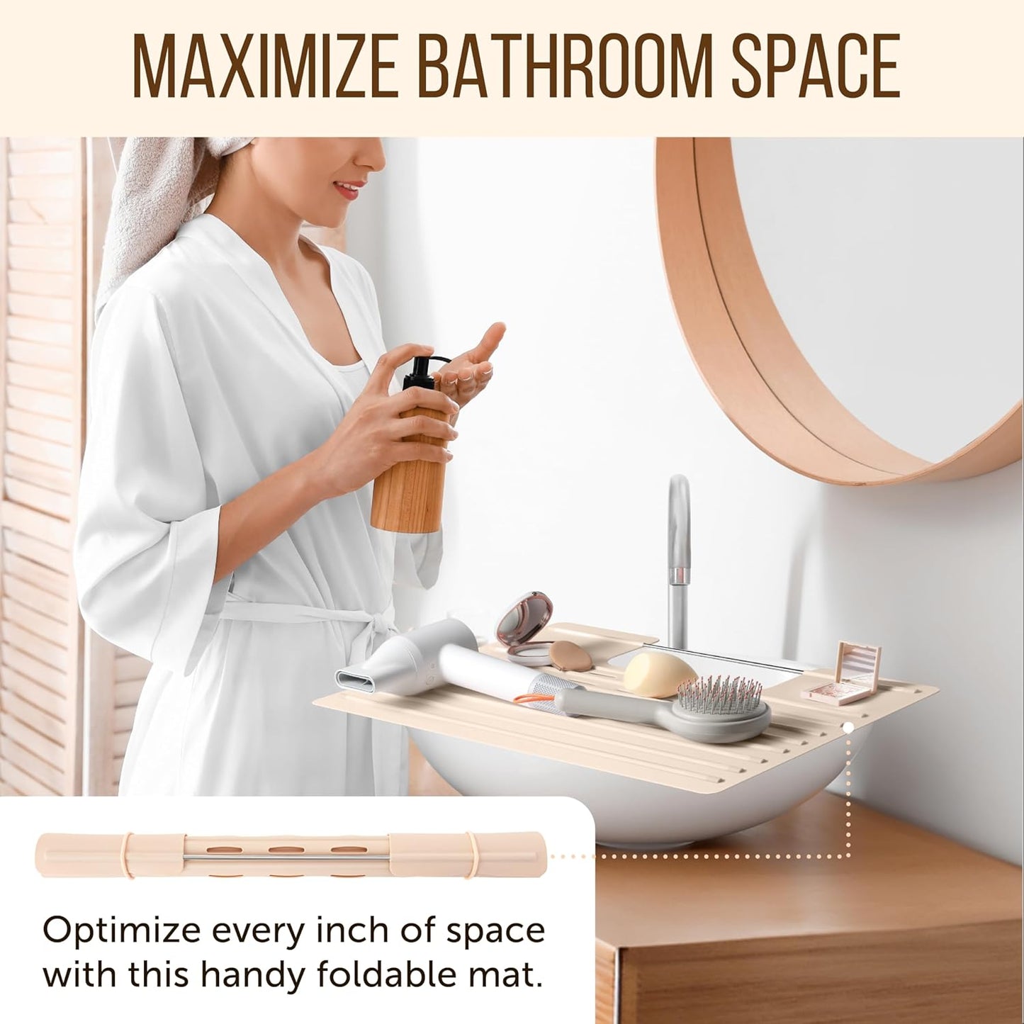 Maplefield Bathroom Sink Cover for Counter Space, Heat Resistant Silicone Sink Mat for Your Beauty Routine, Small Bathroom Space Saver Sink Cover for Makeup (Beige Large, 22 x 2 x 2 Inches)