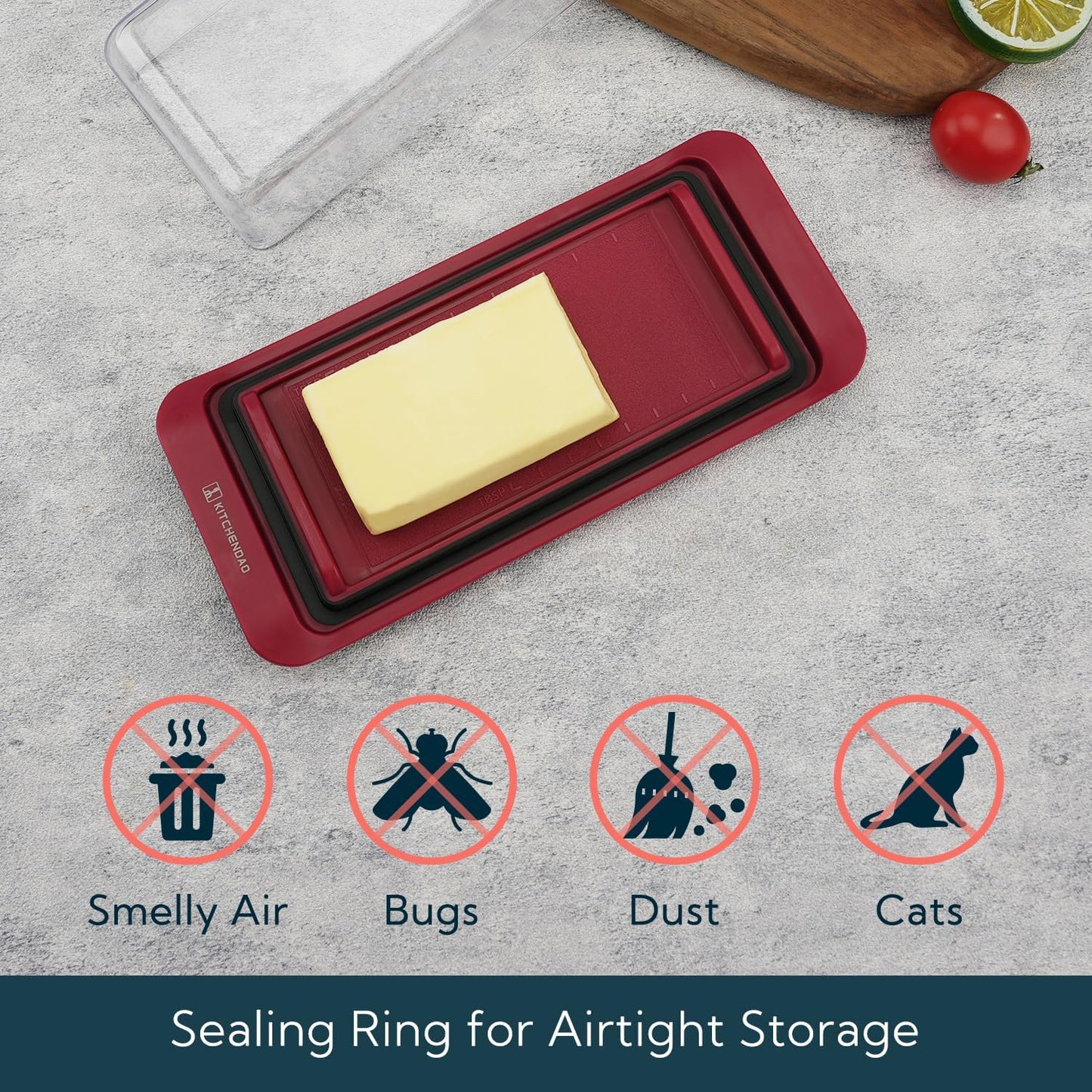 KITCHENDAO Airtight Butter Dish with Lid for Countertop and Fridge, Dishwasher Safe, BPA Free Wide Plastic Butter Keeper for 2 Sticks East Coast/West Coast/European Style/Kerrygold Butter, Red