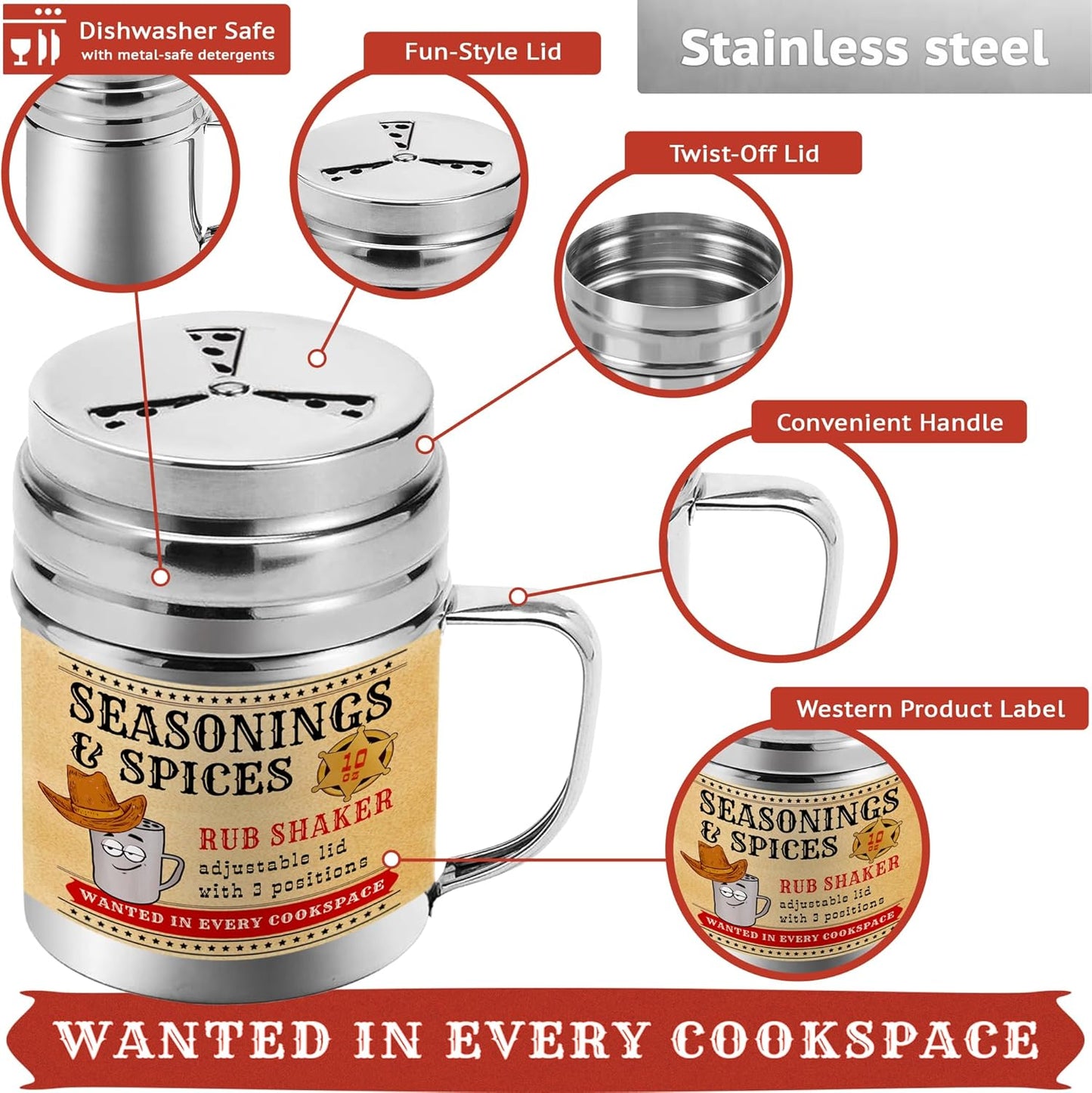 CUSINIUM [Pack of 4] 10 oz Seasonings Spice Shakers - BBQ Dry Rub Shakers - Cooking Dredge with Adjustable Fan-Style Lid and Handles