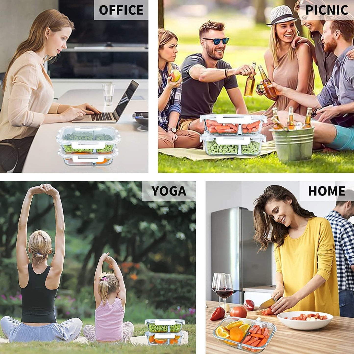 KOMUEE 10 Packs 30oz Glass Meal Prep Containers 2 Compartments,Glass Food Storage Containers with Lids,Airtight Lunch Bento Boxes,Oven,Freezer and Dishwasher Safe, White