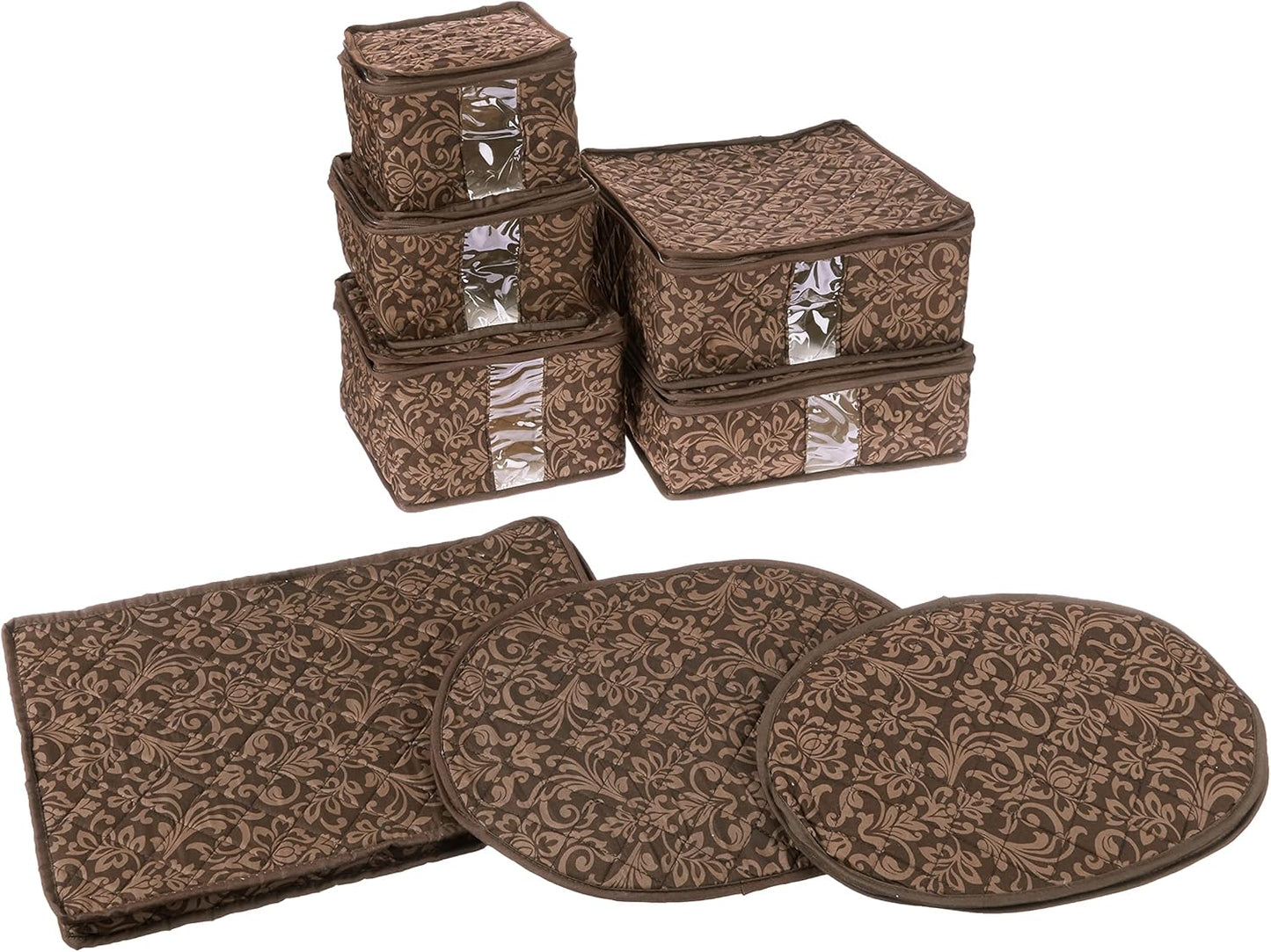 8-Piece Storage Containers Set – China, Brown, Quilted, Stackable Dish & Plate Protectors – Glass & Dinnerware Organizer Lids – Kitchen Storage for Meal, Tupperware, Glass Containers & Food Storage