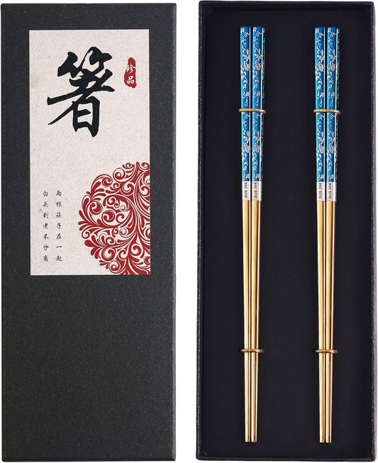 Metal Chopsticks Titanium Plated Stainless Steel Chopsticks Reusable Dishwasher safe Japanese Korean Chopstick lightweight Laser Engraved Anti-slip Chop sticks for Eating 2 Pairs Gift Set Blue Gold