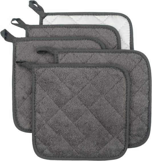 100% Cotton Kitchen Everyday Basic Terry Pot Holder Heat Resistant Coaster Potholder for Cooking and Baking Set of 5 Mineral Gray