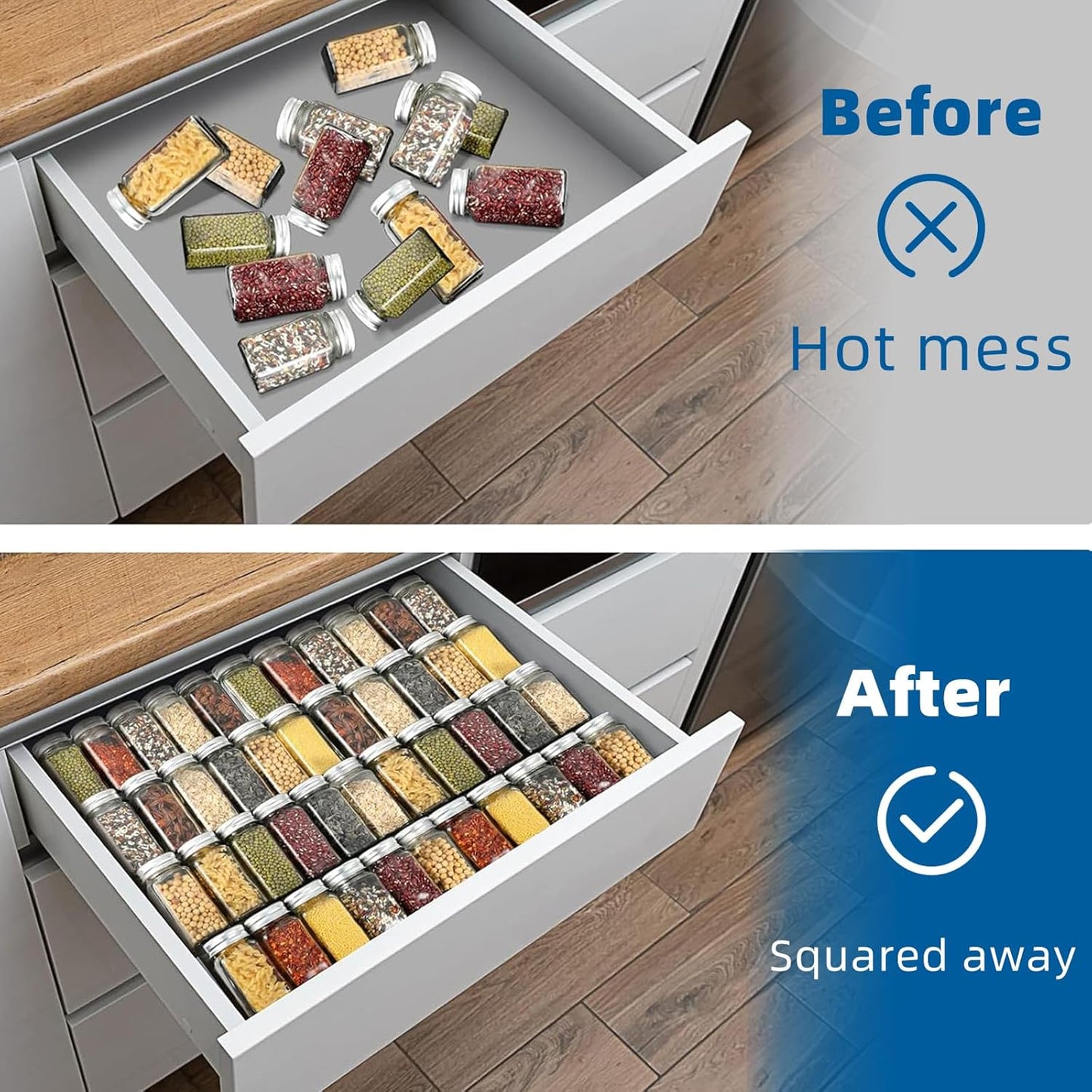 Spice Drawer Organizer, 4 Tier- 8Pack Clear Acrylic Drawer Spice Rack, Spice Organization for Drawer,Spice Rack for Kitchen Drawers (Expands from 11'' to 22'')