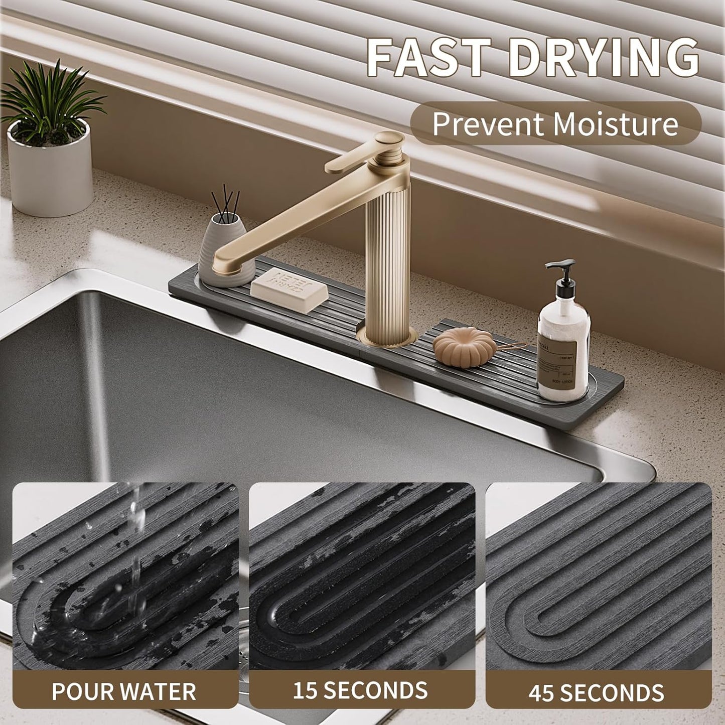 Faucet Mat for Kitchen Sink, Diatomite Stone Drying Sink Protectors, Bathroom Faucet Splash Guard, Quick Dry Water Absorbing, Non-Slip Stone Tray for Kitchen Counter, Grey, 15.7" x 3.9"