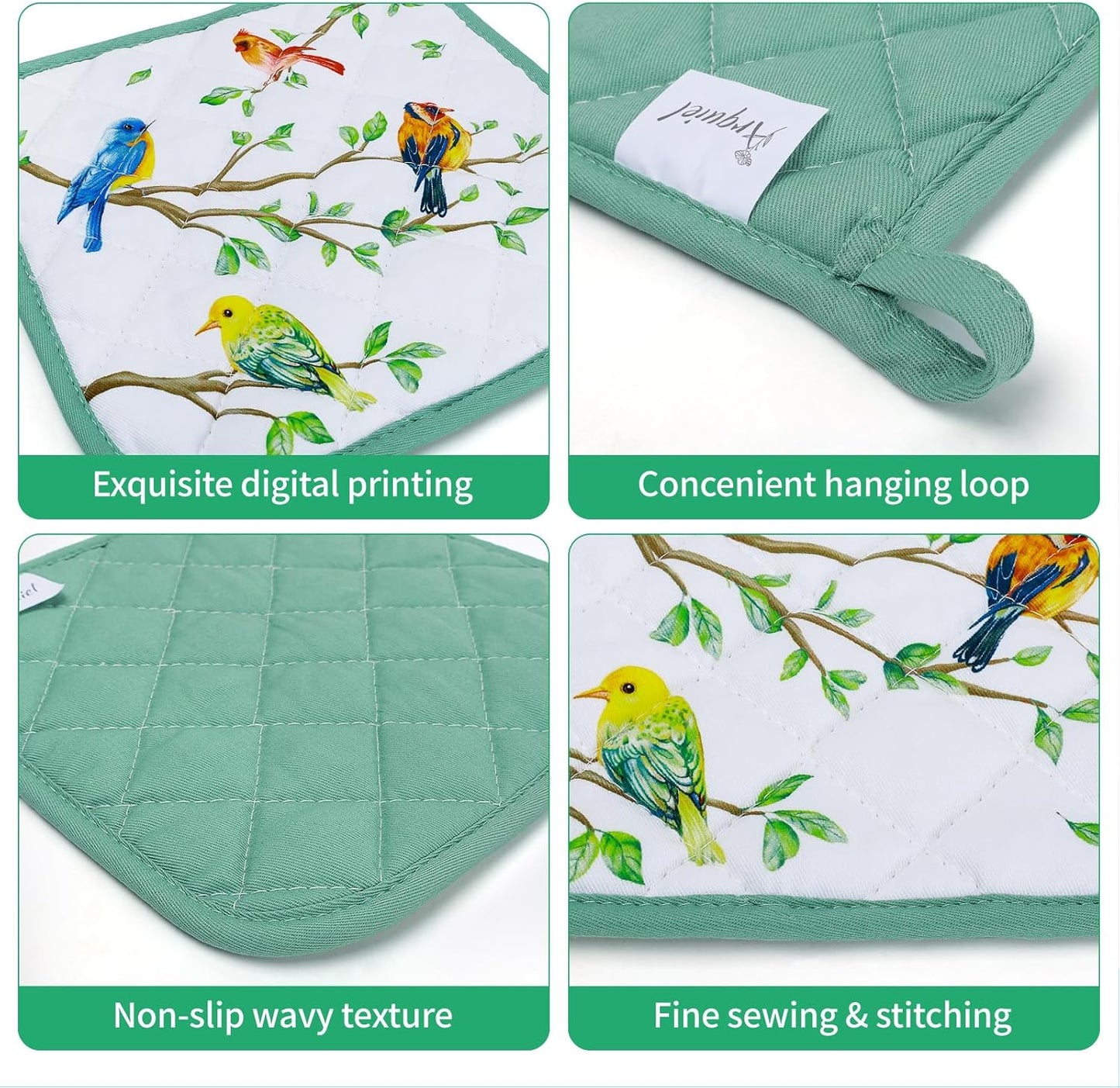 Bird Branch Oven Mitts and Pot Holders Sets 4Pcs, 100% Cotton Heat Resistant, Extra Long Oven Gloves Potholder for Kitchen Cooking Baking Housewarming