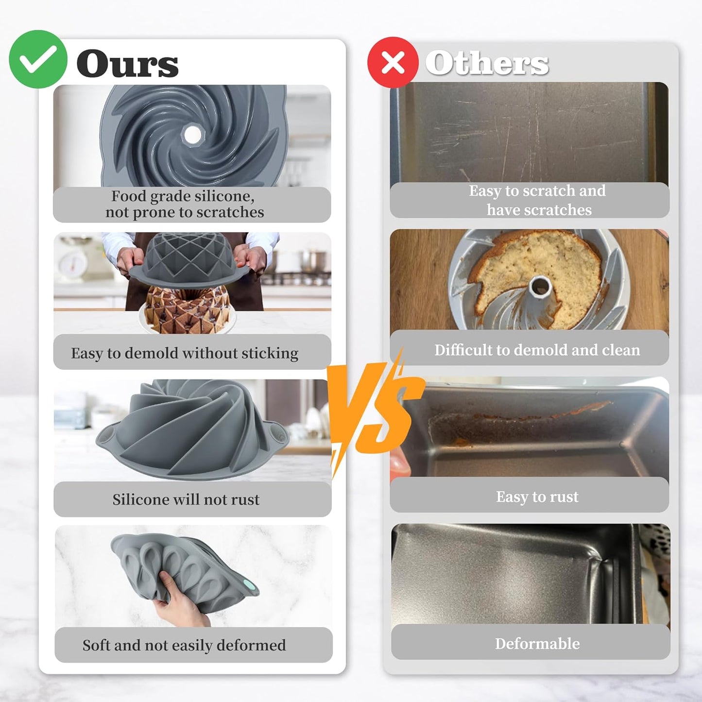 Tongjude 4 Pieces Silicone Fluted Cake Pans, 10/12 Cups Tube Baking Pan, Silicone Molds for Homemade Cake, Bread and Jello, Non-Stick, Grey