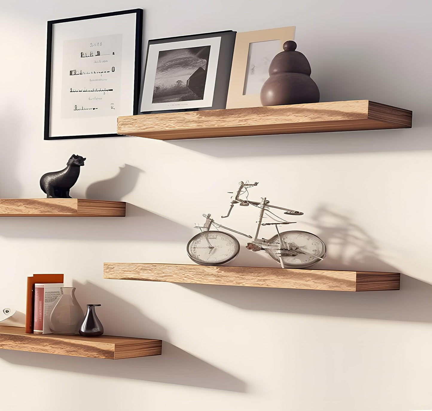 Wood Floating Shelves for Wall, Wooden Wall Shelves for Bedroom, Wall Mounted Shelves for Living Room, Set of 4 Light Brown 16 Inch