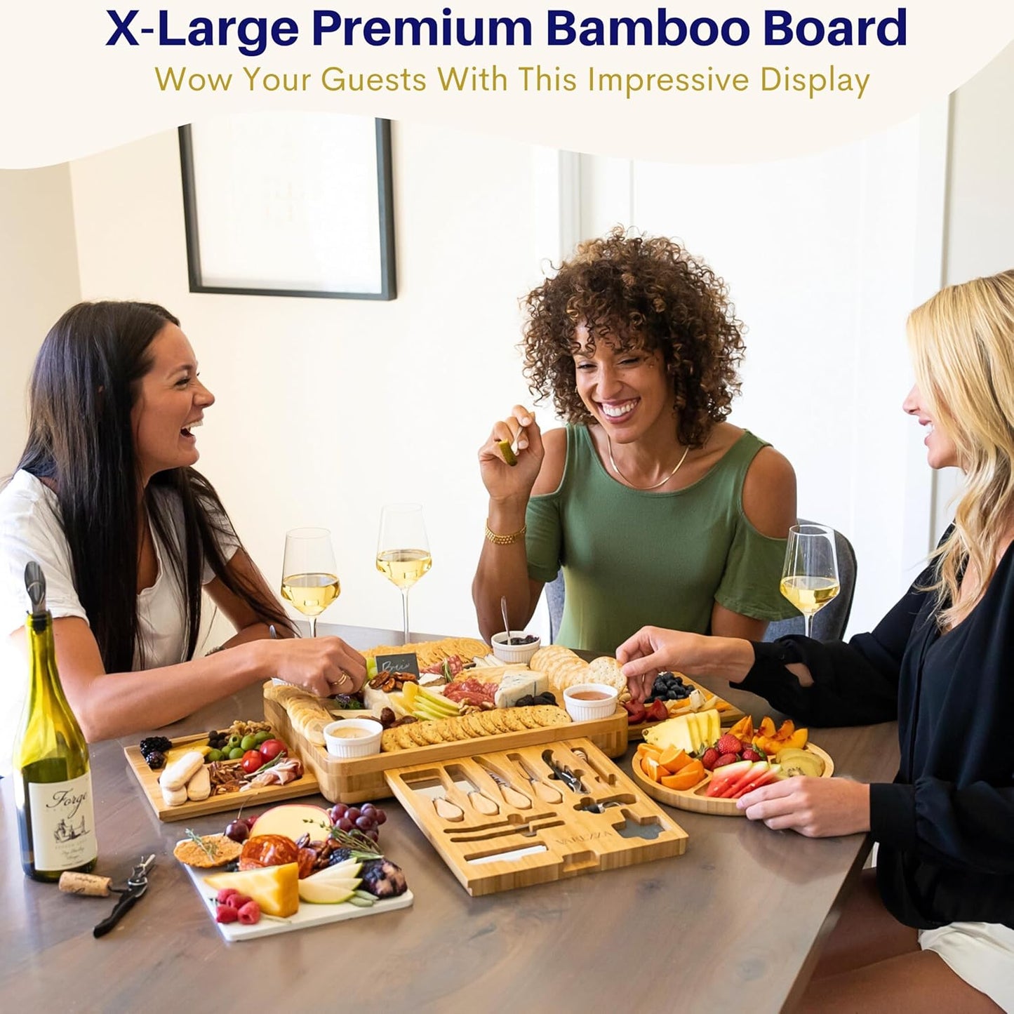Extra Large Charcuterie Boards Gift Set: Marble Bamboo Cheese Board Set- Unique for Mom, 23 Entertaining Accessories, Wedding Gifts for Couple, House Warming Gifts New Home