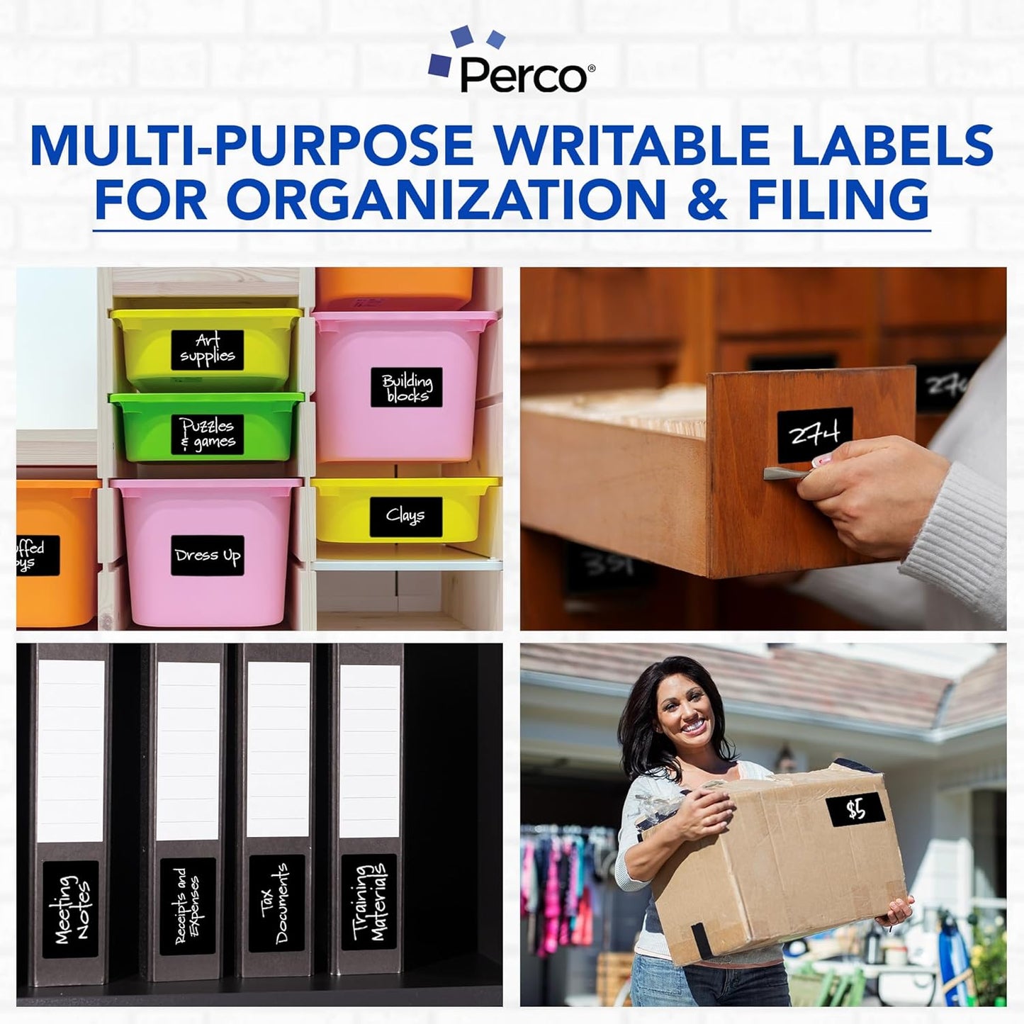 Perco Black Labels 3x5 Inch 500 Stickers/Roll with Easy Peel Perforation and Strong Adhesion for Inventory Management, Color Coding, Moving Boxes, Retail, Organizing & Crafts – Made in USA