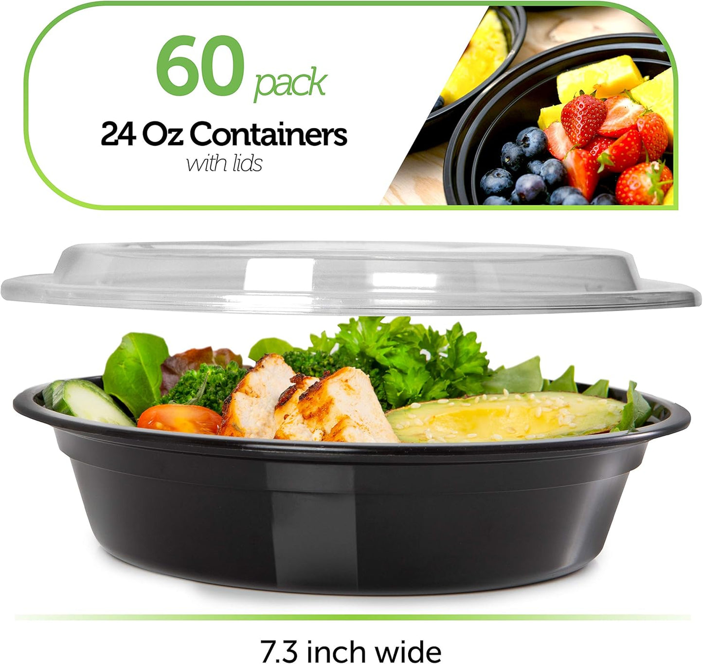 PrepNaturals Reusable Plastic Containers with Lids, 60 Pack, Black, Meal Prep Bowls, Lunch Containers, BPA, PVC and Phthalate Free, Microwave and Freezer Safe