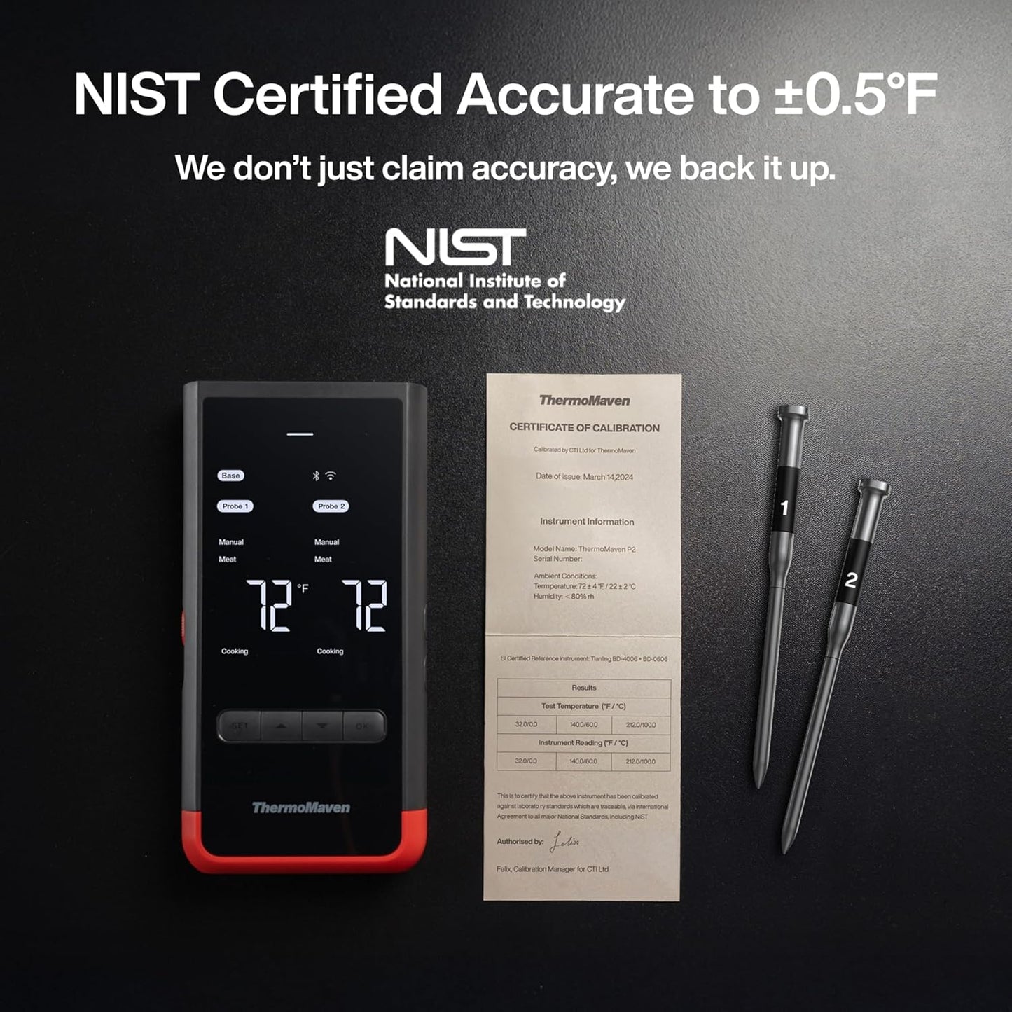 Smart Bluetooth Wireless Meat Thermometer: Standalone Base, WiFi Unlimited Range, 6 Sensors with NIST Certified Accuracy, 2 Probes for Kitchen, BBQ, Grill, Oven, Smoker, Rotisserie