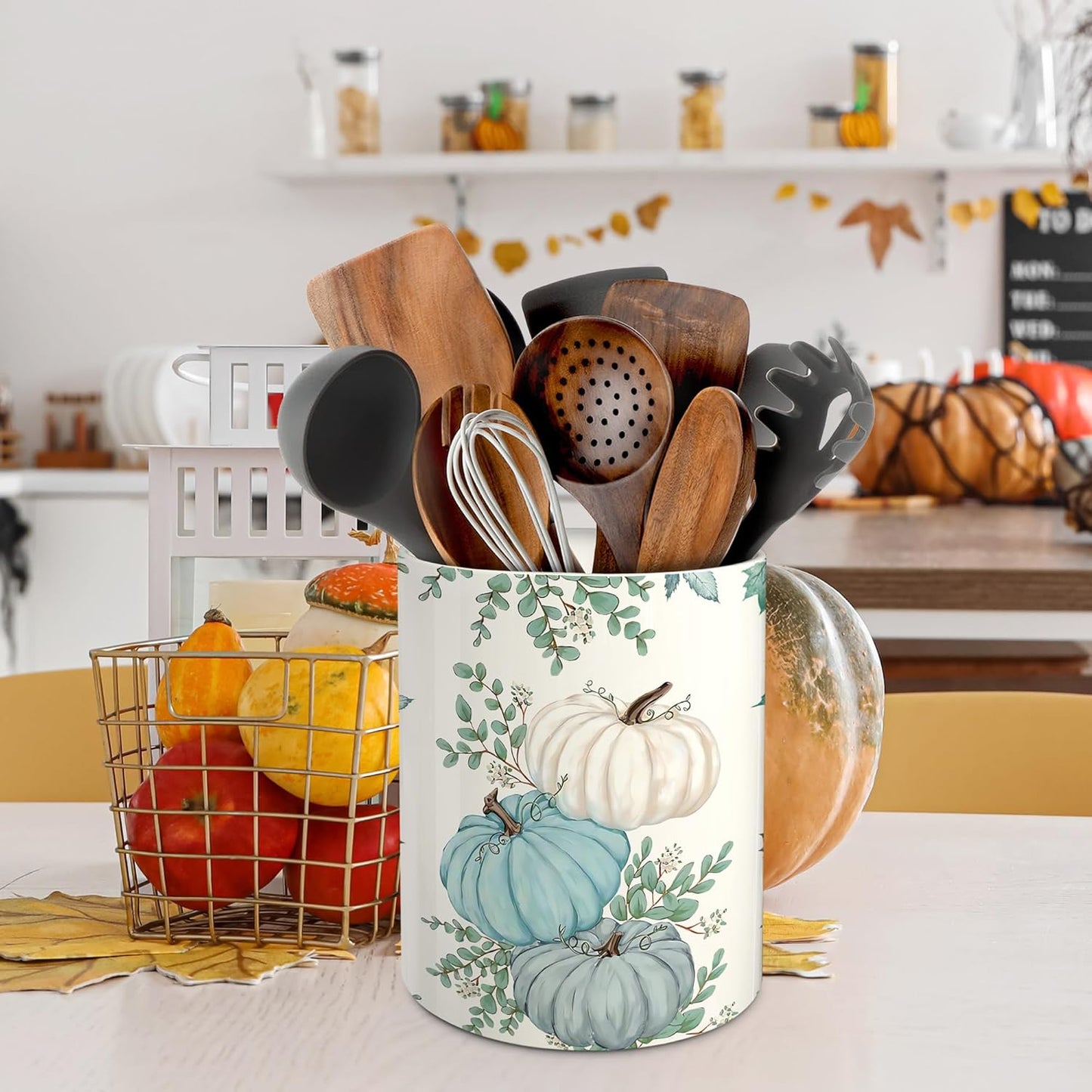pinata Fall Kitchen Decor Ceramic Utensil Holder, Farmhouse Fall Eucalyptus Blue Pumpkin Utensils Holder, Ceramic Utensils Crock for Rustic Indoor Kitchen Decorations(6.3 Inches)