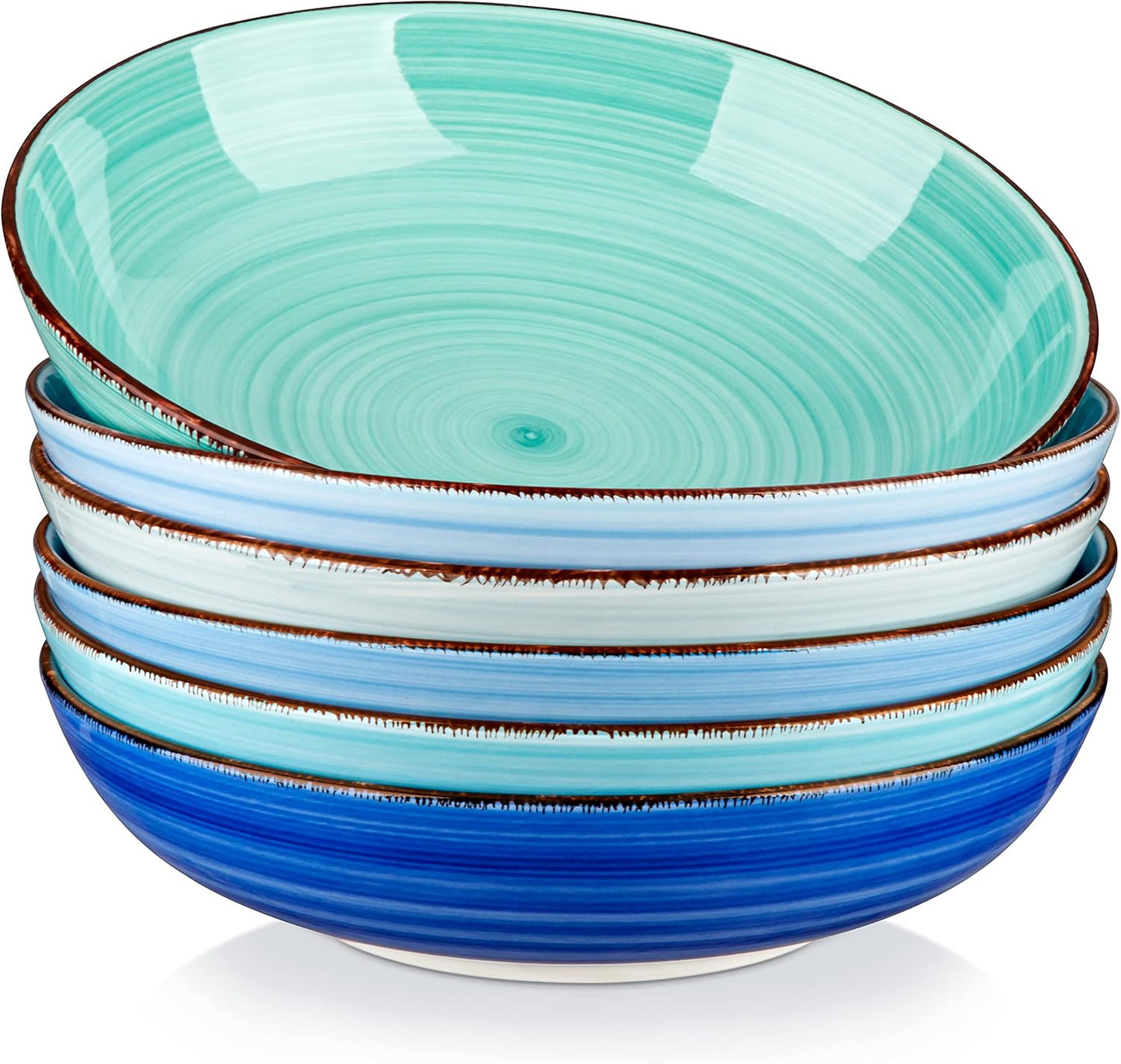 vancasso Bonita Pasta Bowls Set of 6, 38 oz Shallow Bowls, Ceramic Pasta Plates and Salad Bowls, Microwave & Dishwasher Safe Serving Bowls, Blue