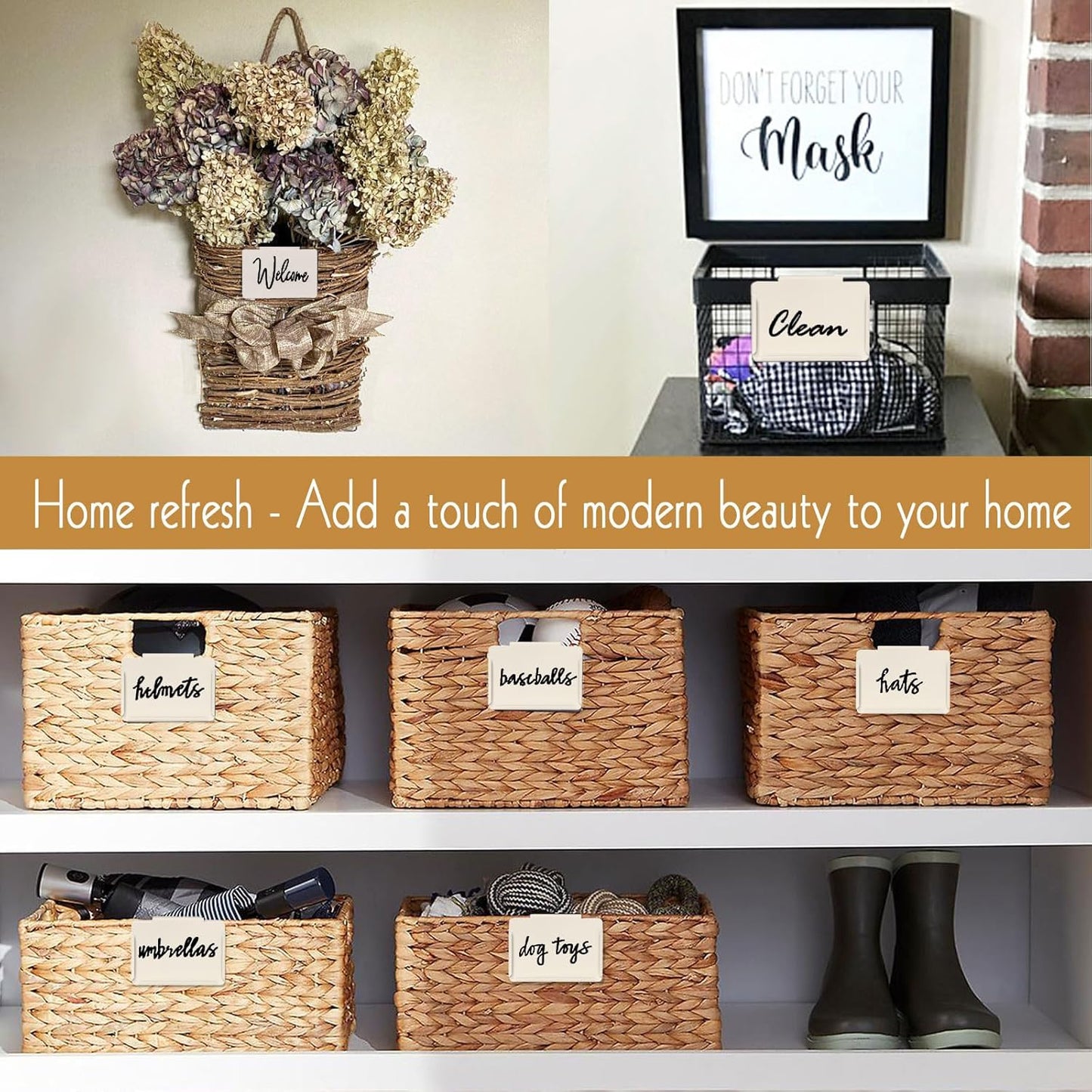 Basket Labels Clip on | Label Holders for Basket or Storage Bins Includes White Chalk Markers (18 Cream Holders + 4 Black Chalk Makers)