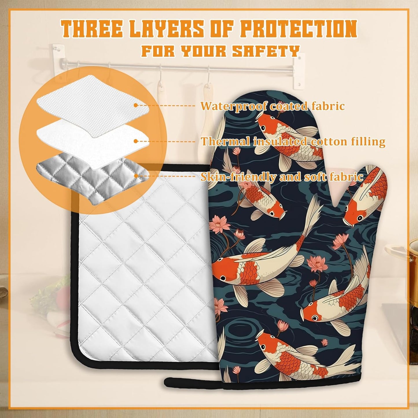 Goldfish Flower Japanese Oven Mitts and Pot Holders,Heat Resistant Oven Mitts Gloves and Pot Holder for Home Kitchen Decorations Cooking Baking BBQ Gifts,Set of 4