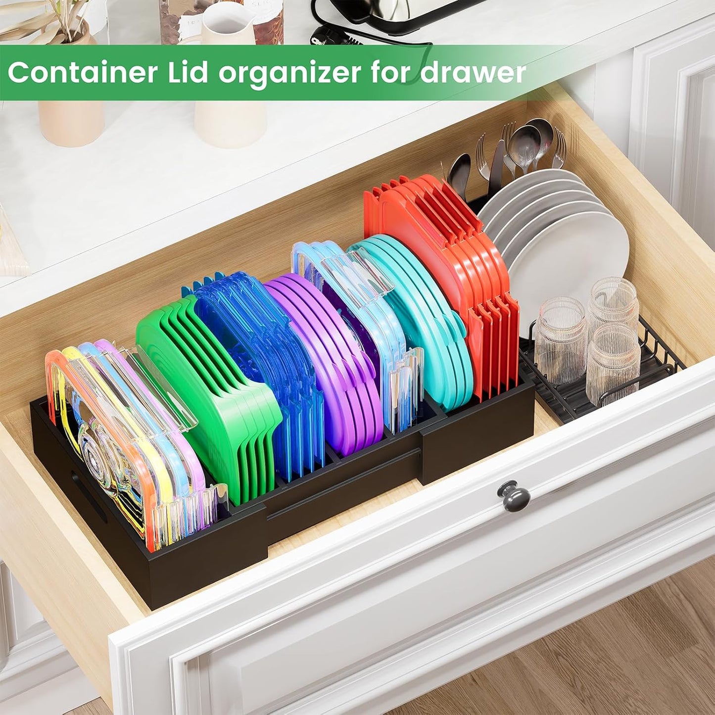 Expandable Bamboo Lid Organizers Inside Cabinet, Kitchen Cabinet Organizers with 3 Adjustable Dividers, Storage Plastic Lids, Food Container Lid Holder Organizer for Drawer Pantry, Black