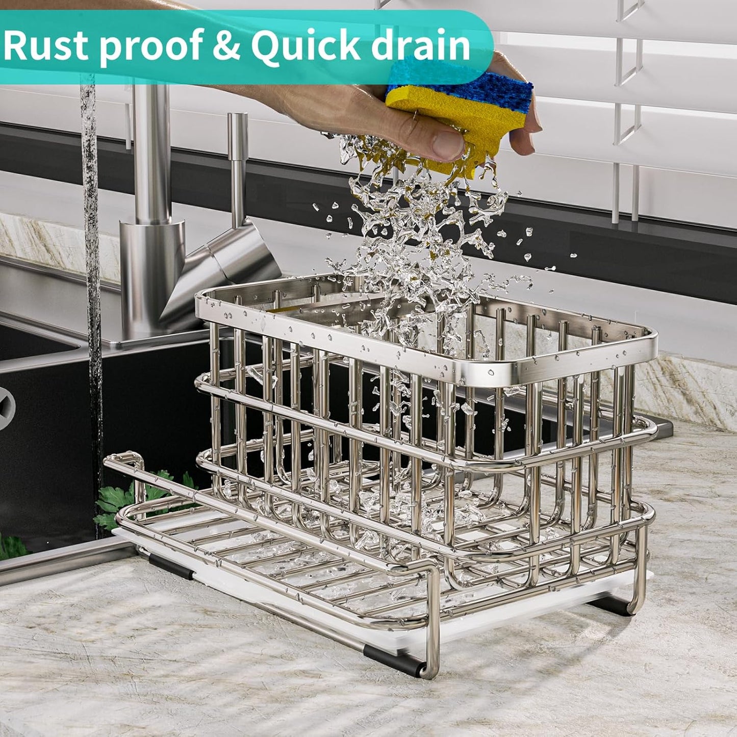 HapiRm Kitchen Sink Organizer, SUS304 Stainless Steel Rustproof Multifunctional Large Sink Caddy with Sponge Holder and Drain Tray for Kitchen Countertop (Silver)